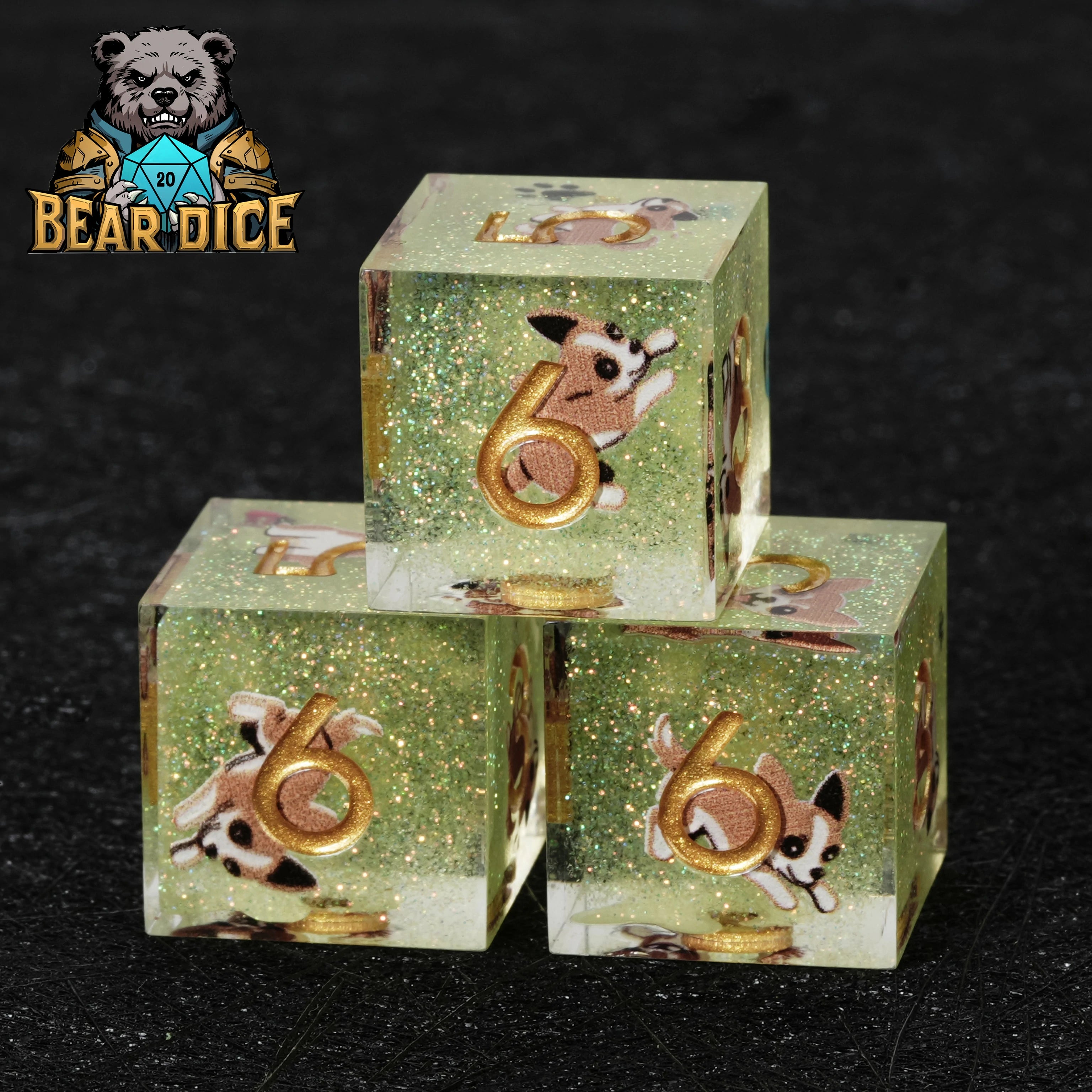 Chihuahua Green Glitter Resin DND D6 Dice