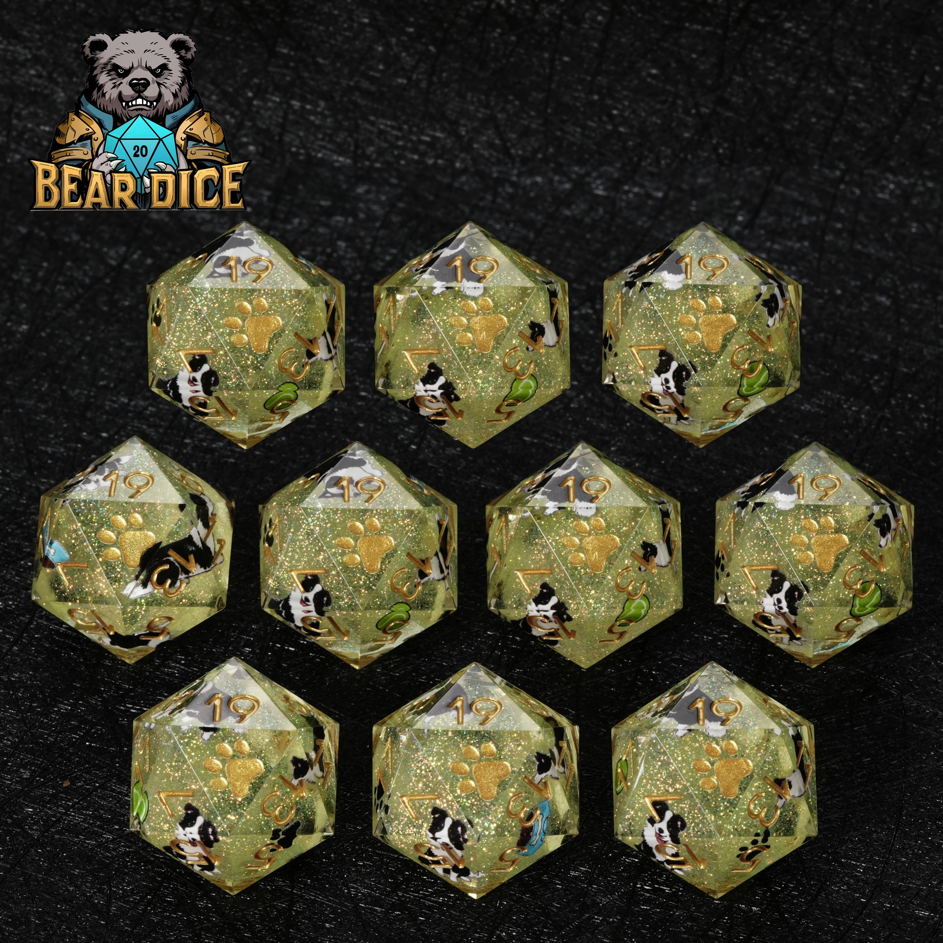 Border Collie Green Glitter Resin D&D D20 Dice | Handcrafted RPG Die