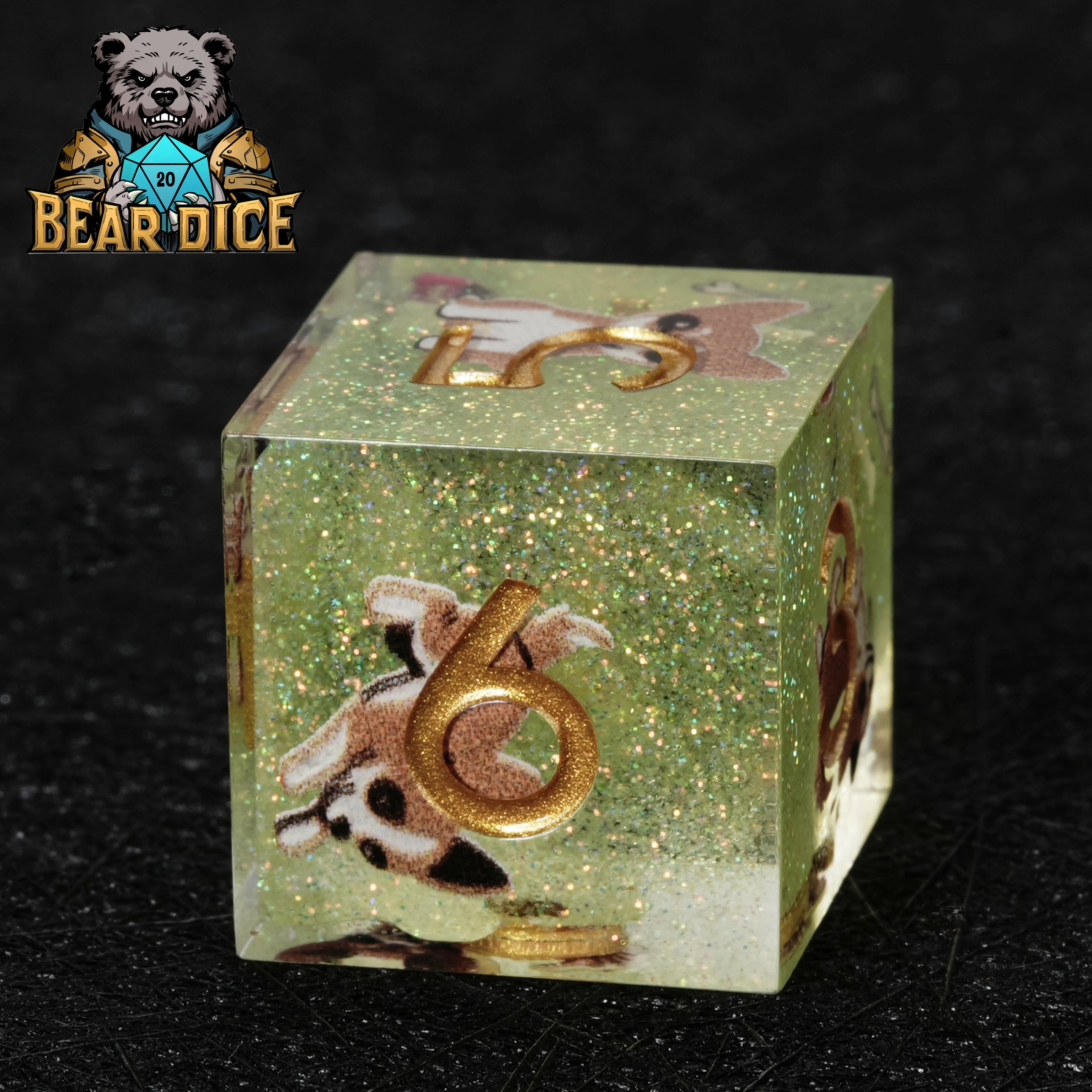 Chihuahua Green Glitter Resin DND D6 Dice