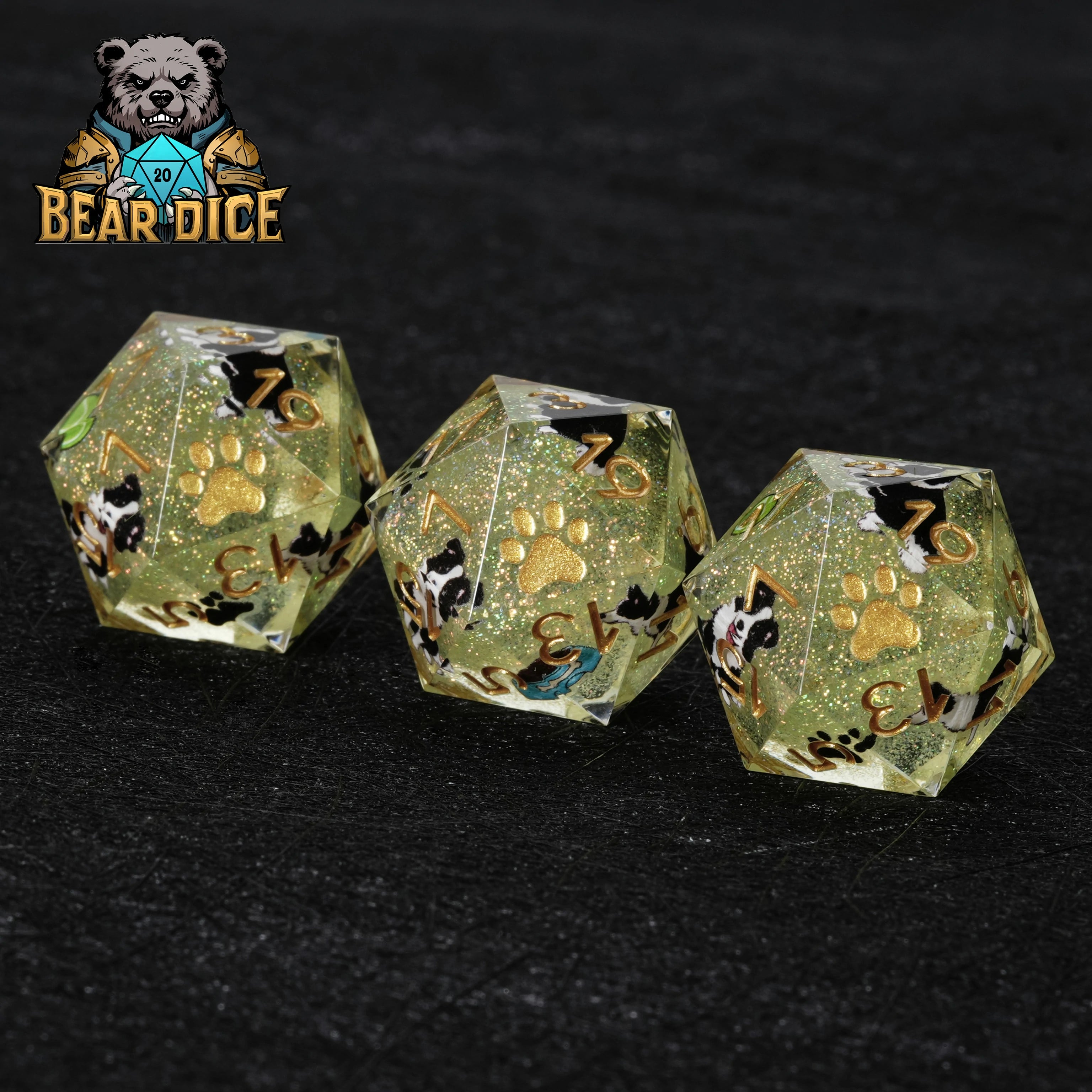 Border Collie Green Glitter Resin D&D D20 Dice | Handcrafted RPG Die