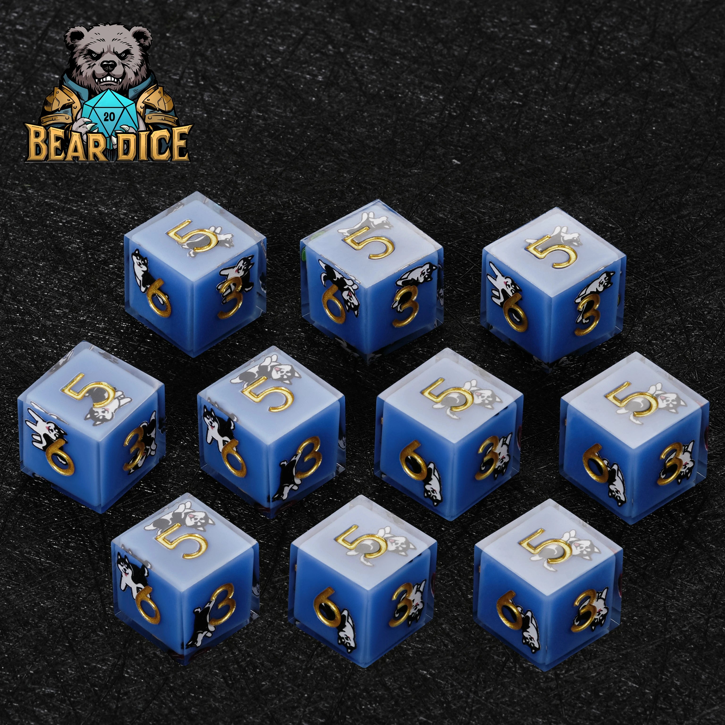 Husky Blue Resin DND D6 Dice | Polyhedral RPG Six-Sided Die with Husky Art