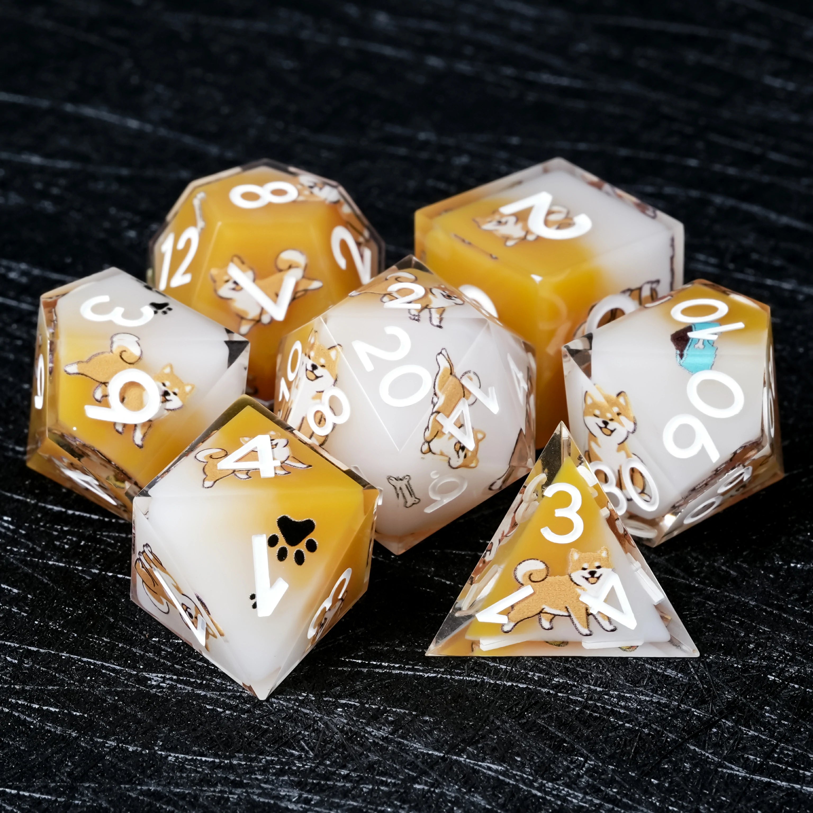 Shiba Inu Yellow & White Resin Dice Set | Gold Numbers DND RPG Polyhedral Dice