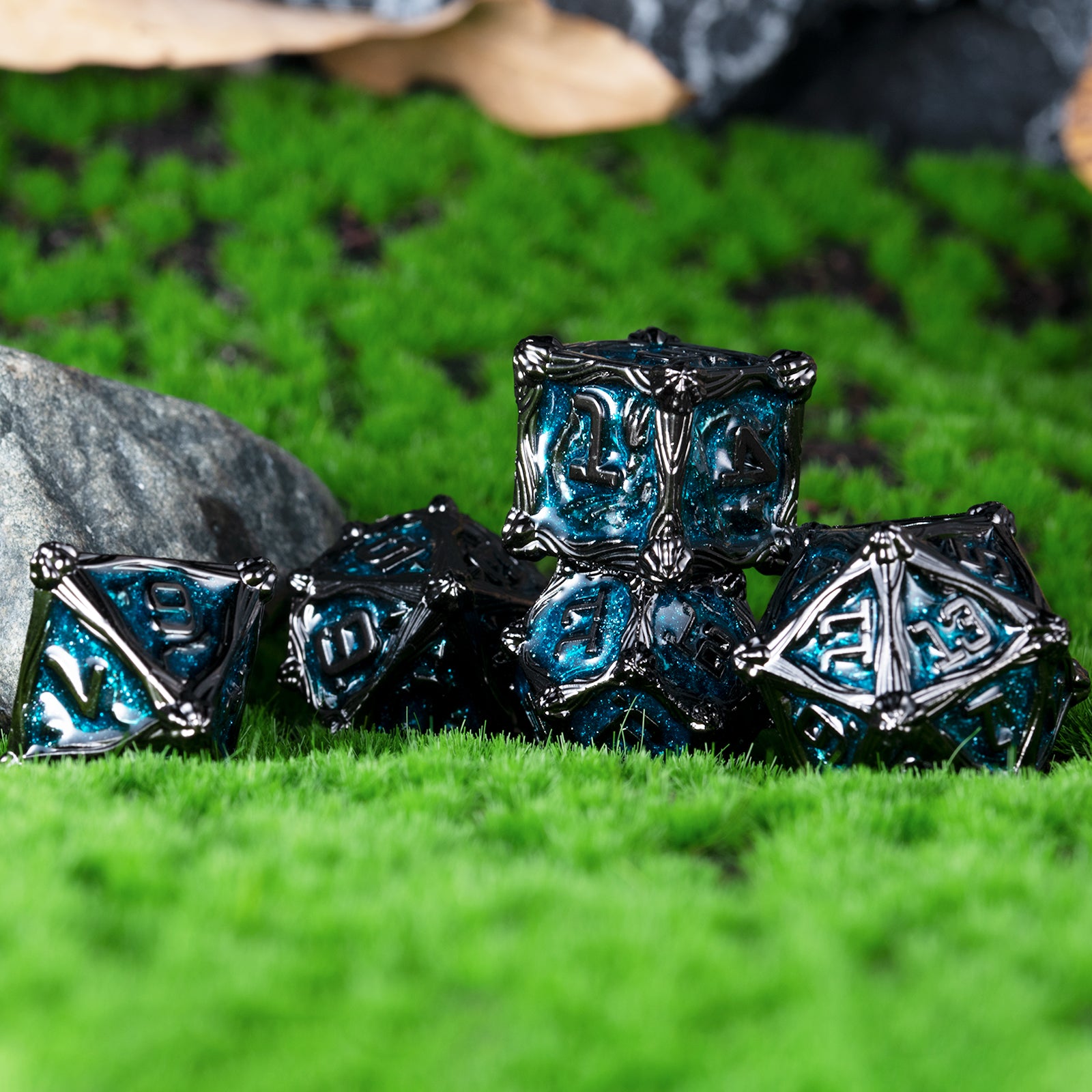 Dungeon Polyhedron Dragon Dice - Black Nickel Blue Pterosaur RPG Dice Set | Bear Dice