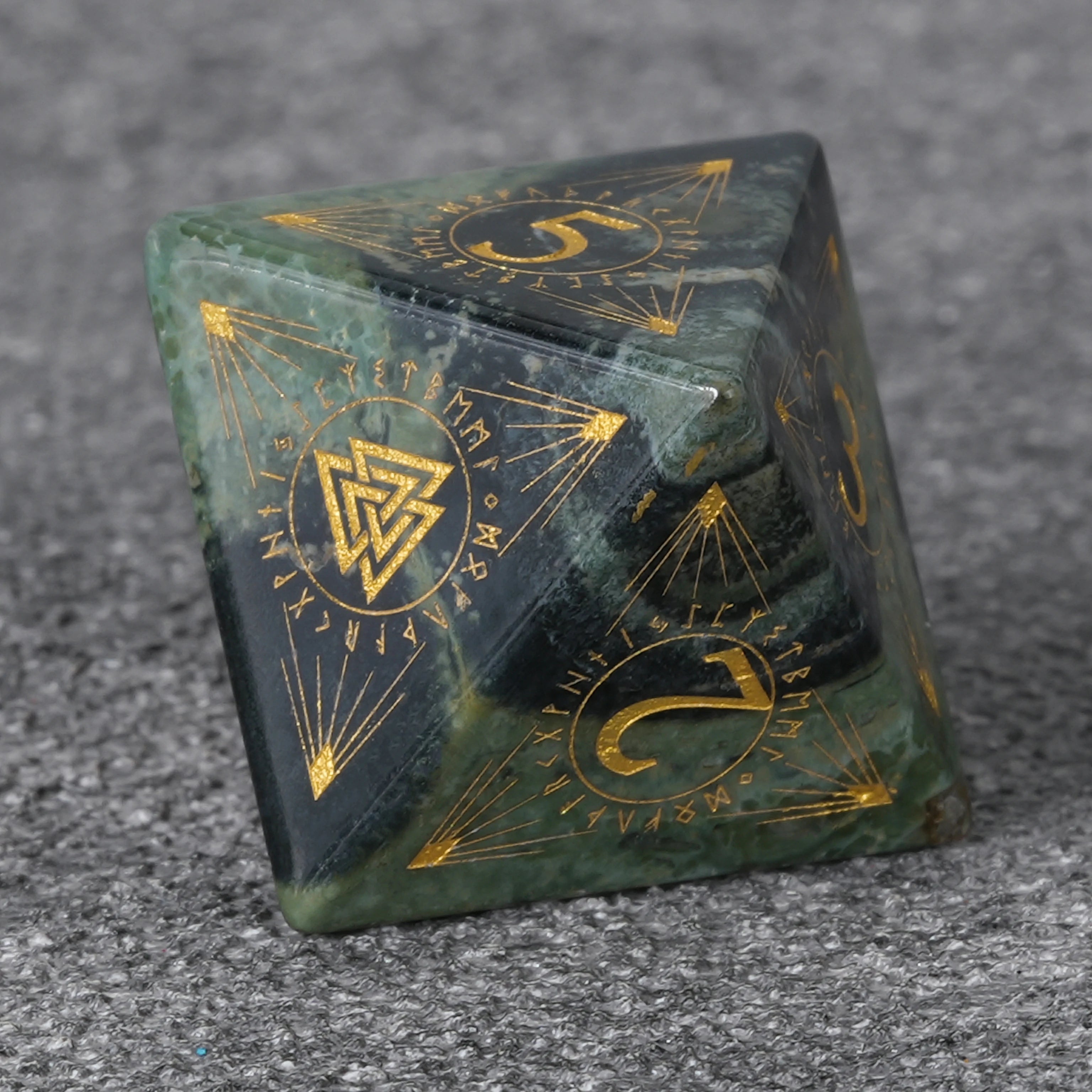 Moss Green Gemstone Dice Set with Mystical Rune Magic Circle