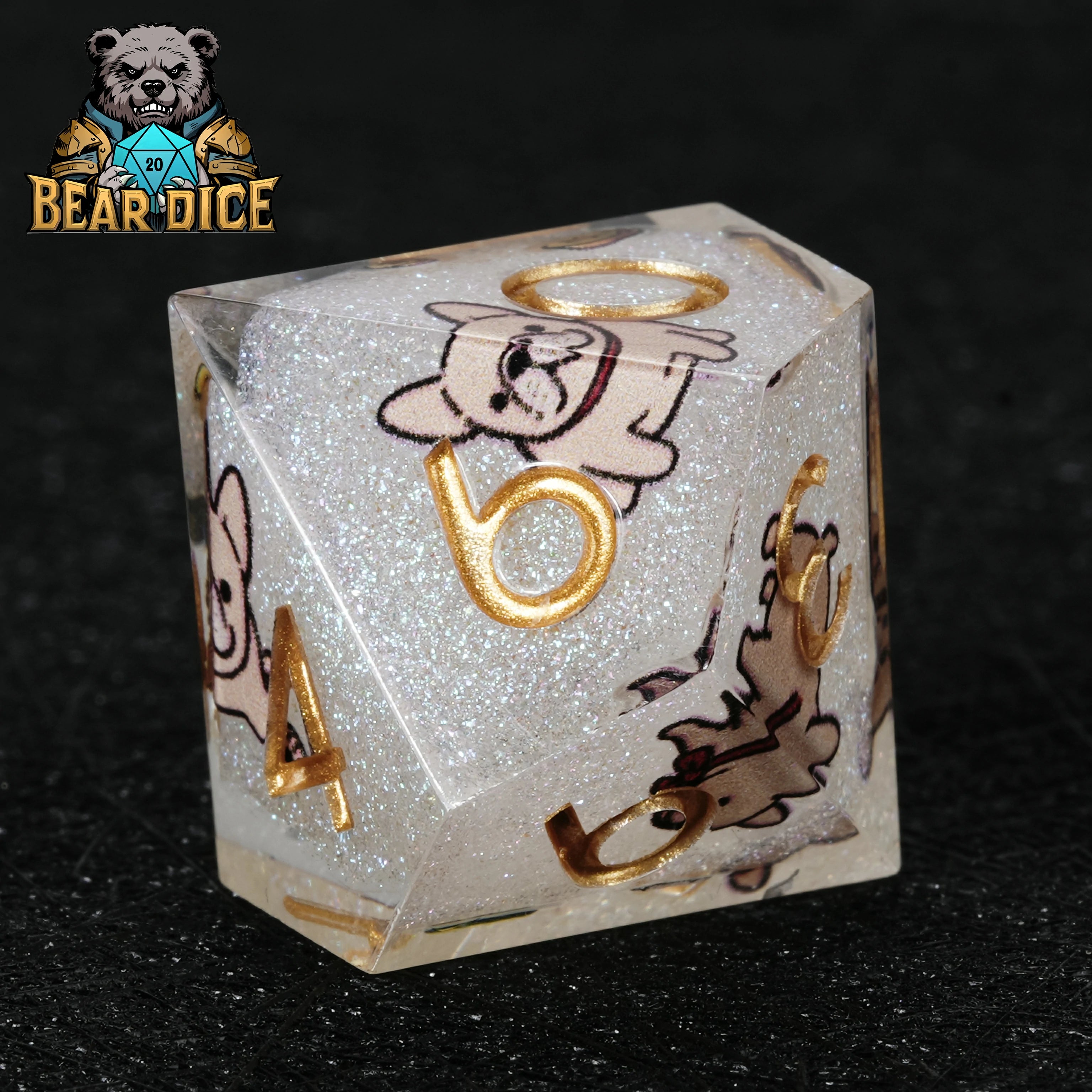 Bulldog White Glitter Resin D10 Dice – D&D RPG Polyhedral Dice
