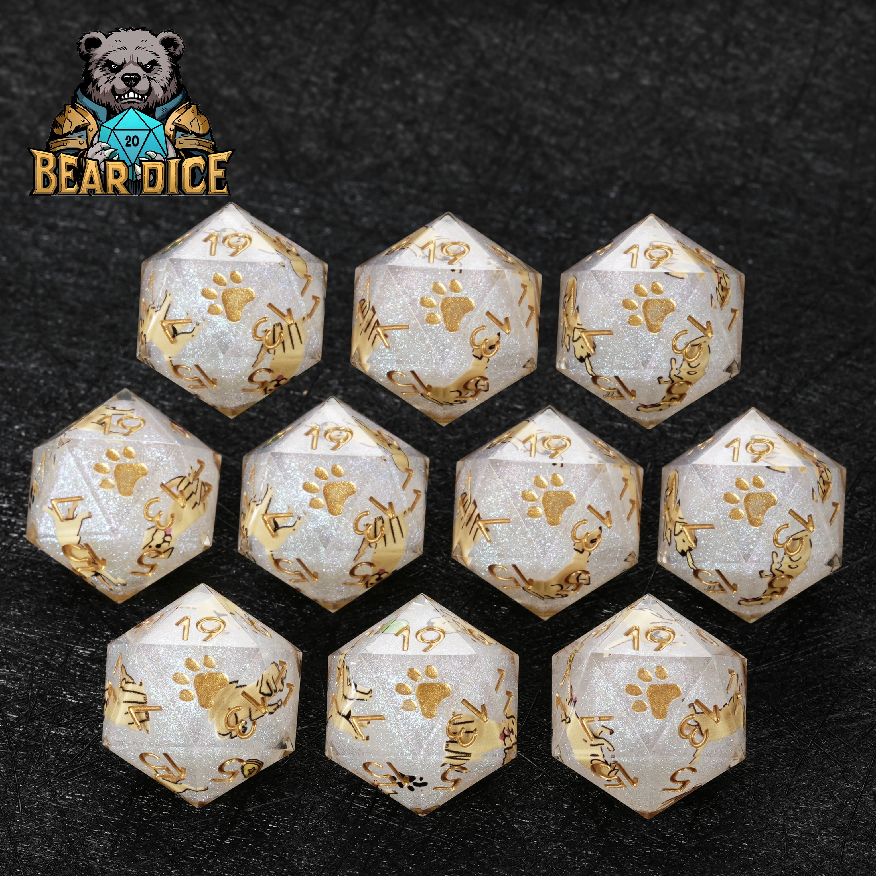 Labrador White Glitter Resin DND D20 Dice | Bear Dice