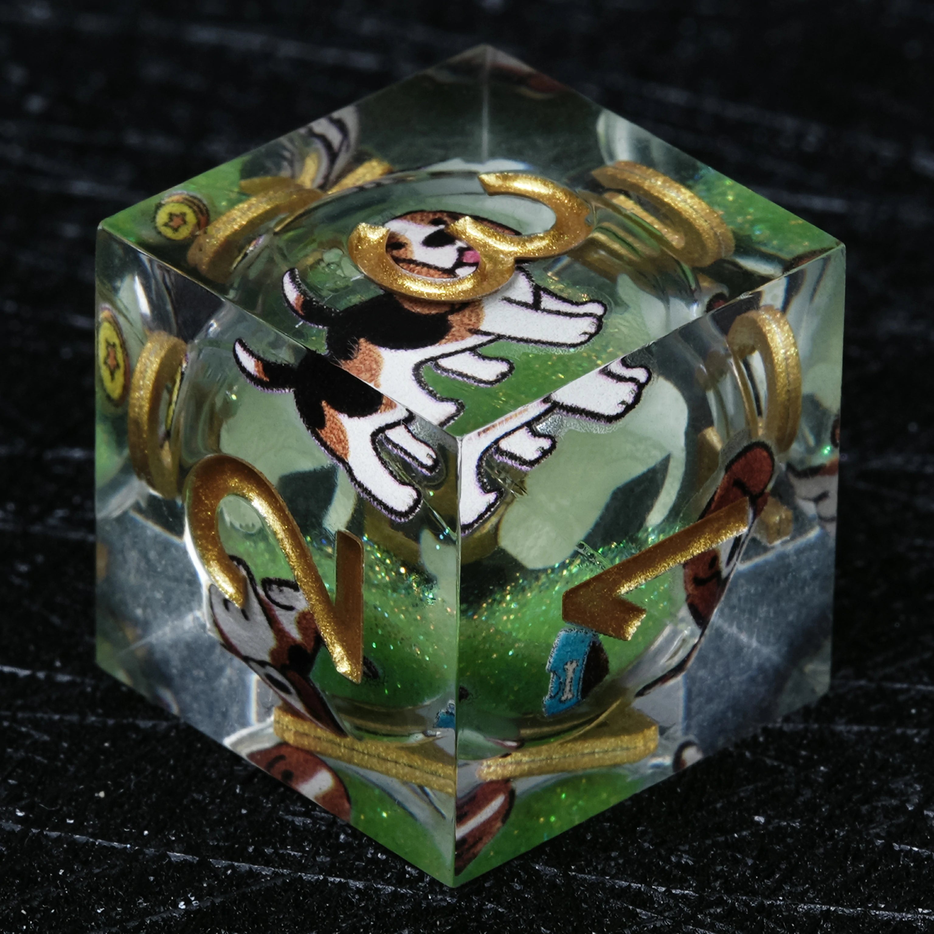 Beagle Green Liquid-Core Dice Set | Gold Numbers | 7-Piece RPG Polyhedral Set