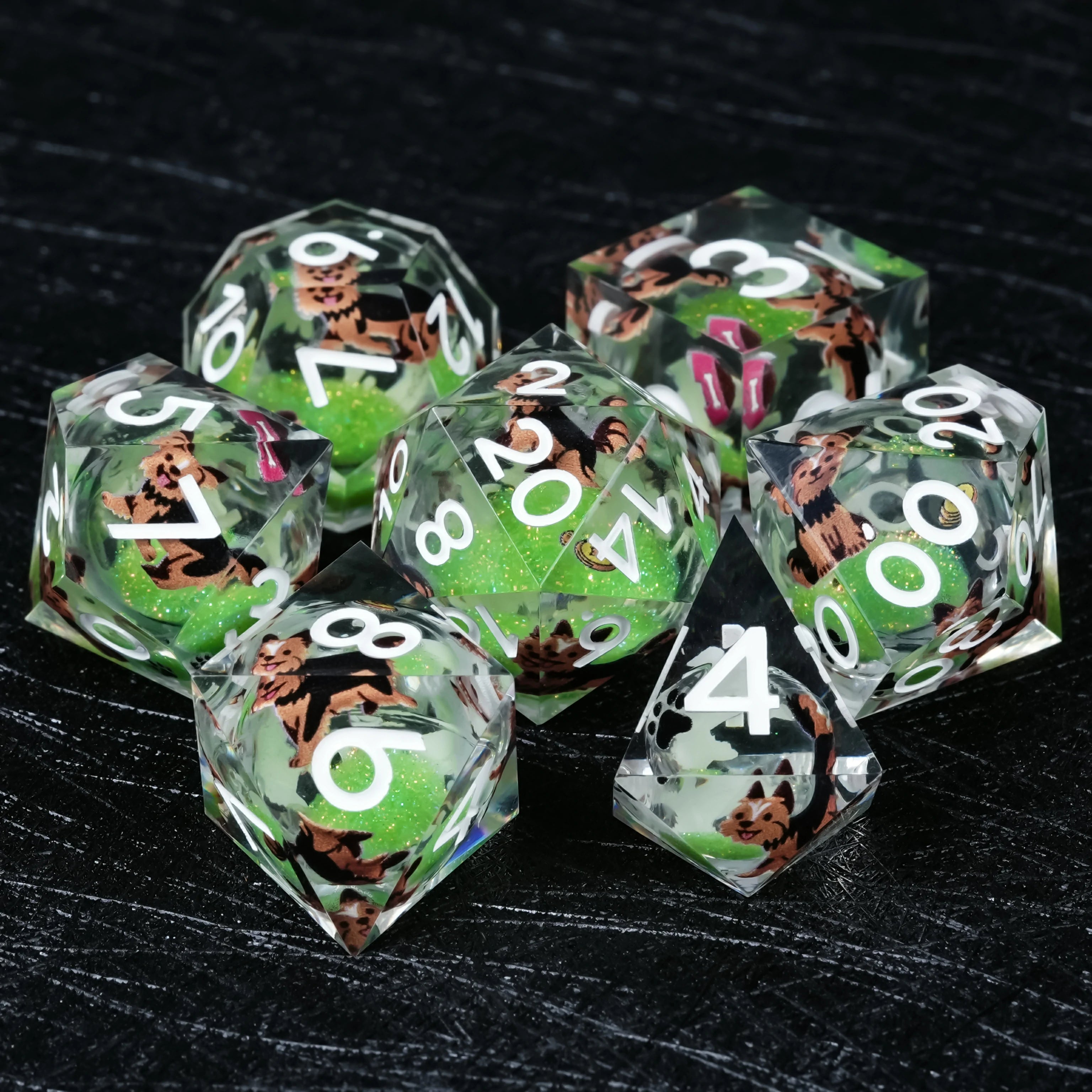 Yorkshire Terrier Green Liquid-Core Resin Dice Set | Yorkie DND Dice – White Numbers