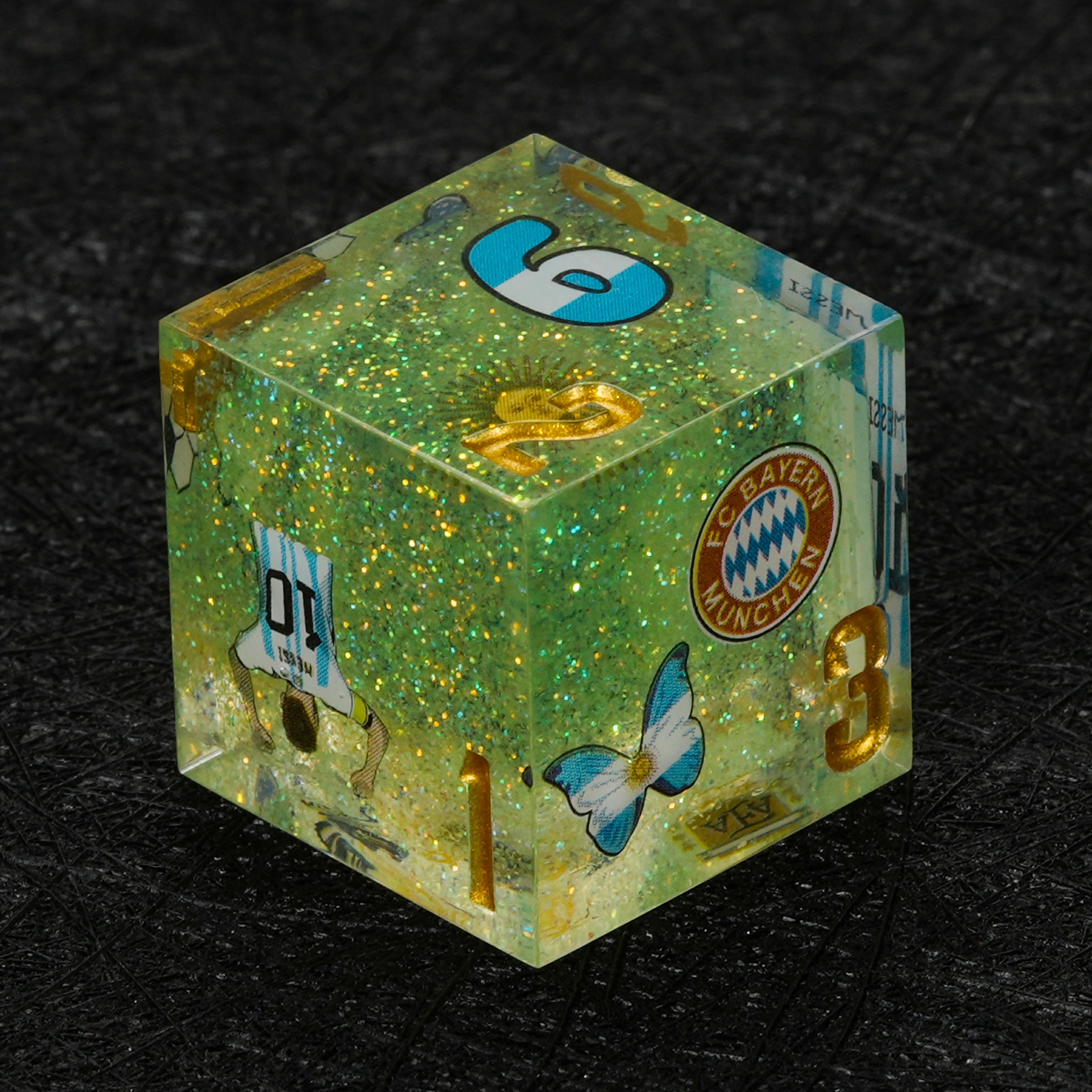 Kickstarter Dice World Cup Argentina Soccer DND Resin Dice Set – Green Glitter