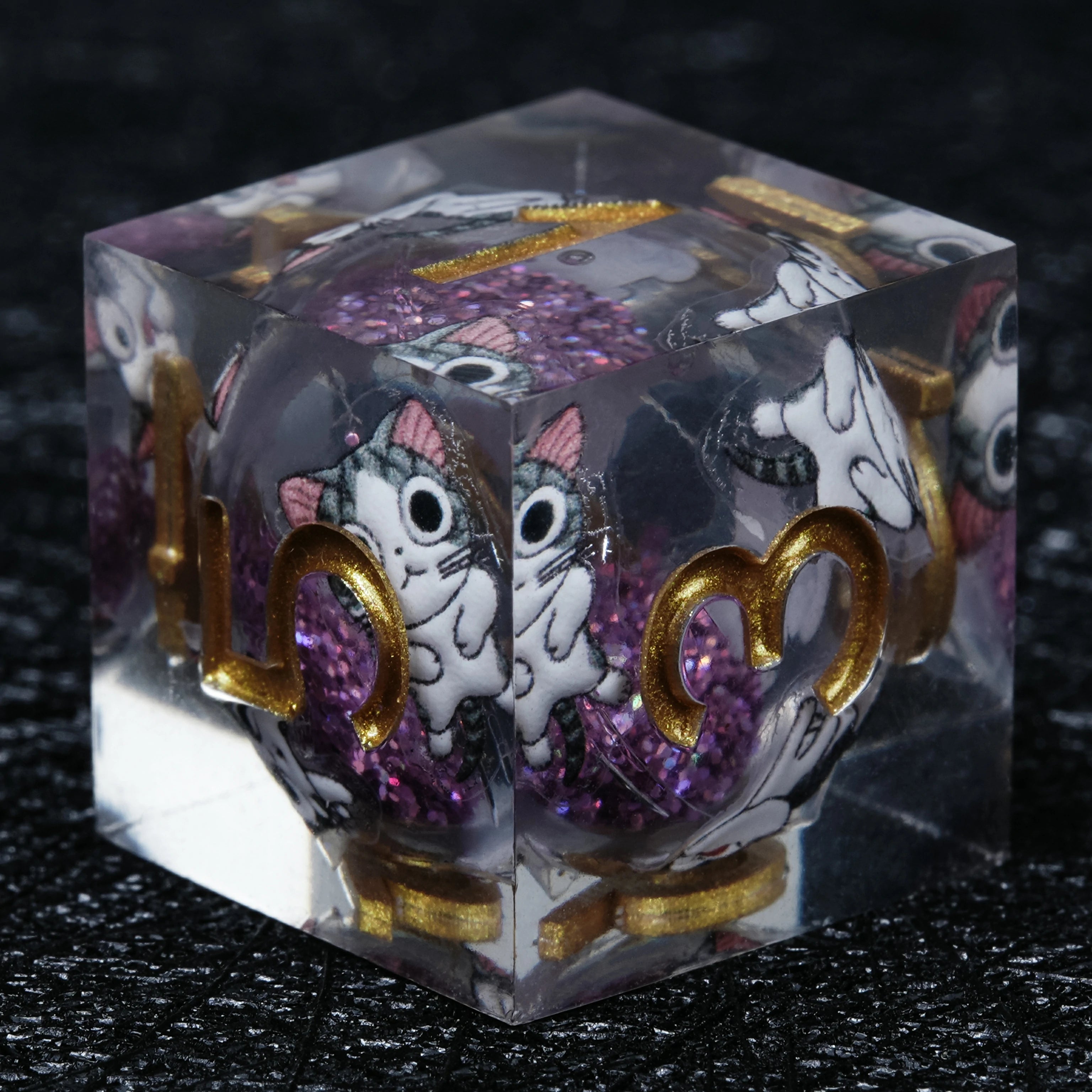 Big-Eyed Cartoon Cat Purple Liquid-Core Resin Dice Set | 7-Piece Polyhedral RPG Dice