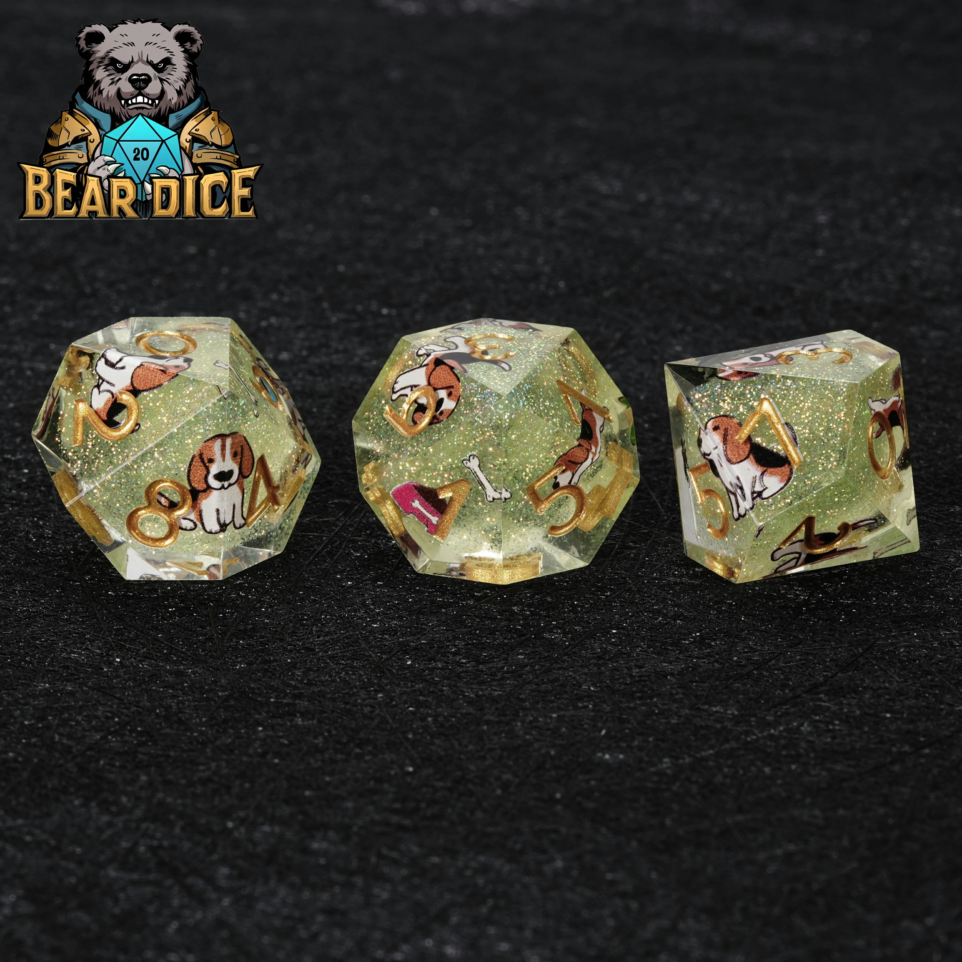 Beagle Green Glitter Resin DND Dice Set | 7-Piece Polyhedral RPG Dice
