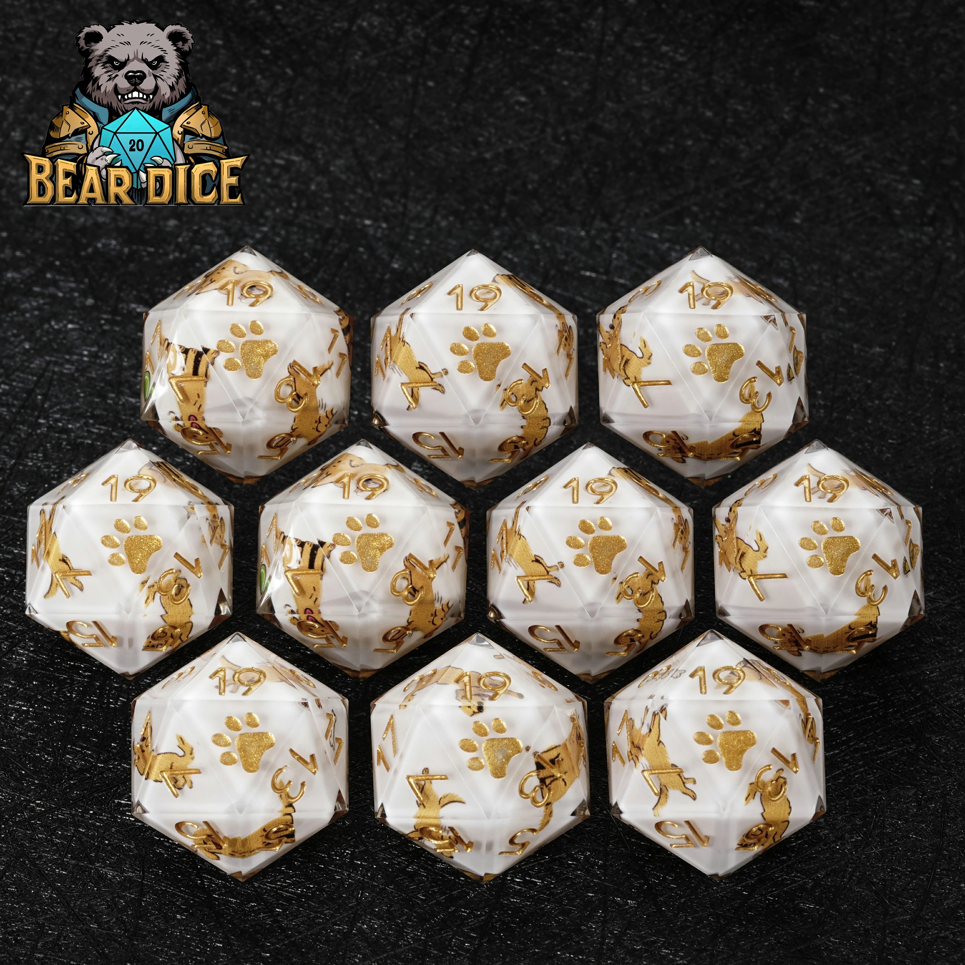 Gold-Flecked White Resin D20 Dice – Bear Paw DnD RPG Die