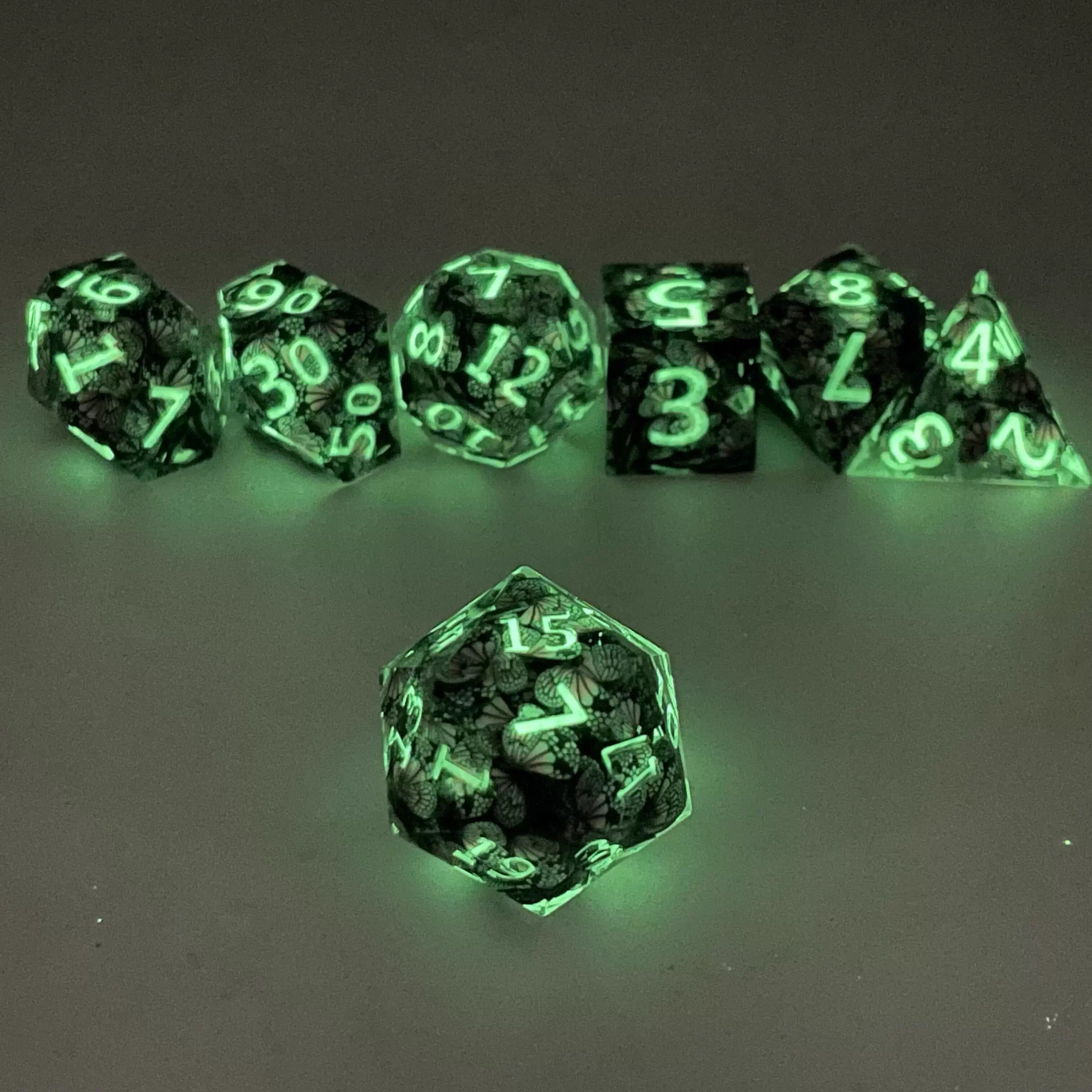Glow-in-the-Dark Butterfly Transparent Resin DND Dice Set | 7-Piece RPG Dice