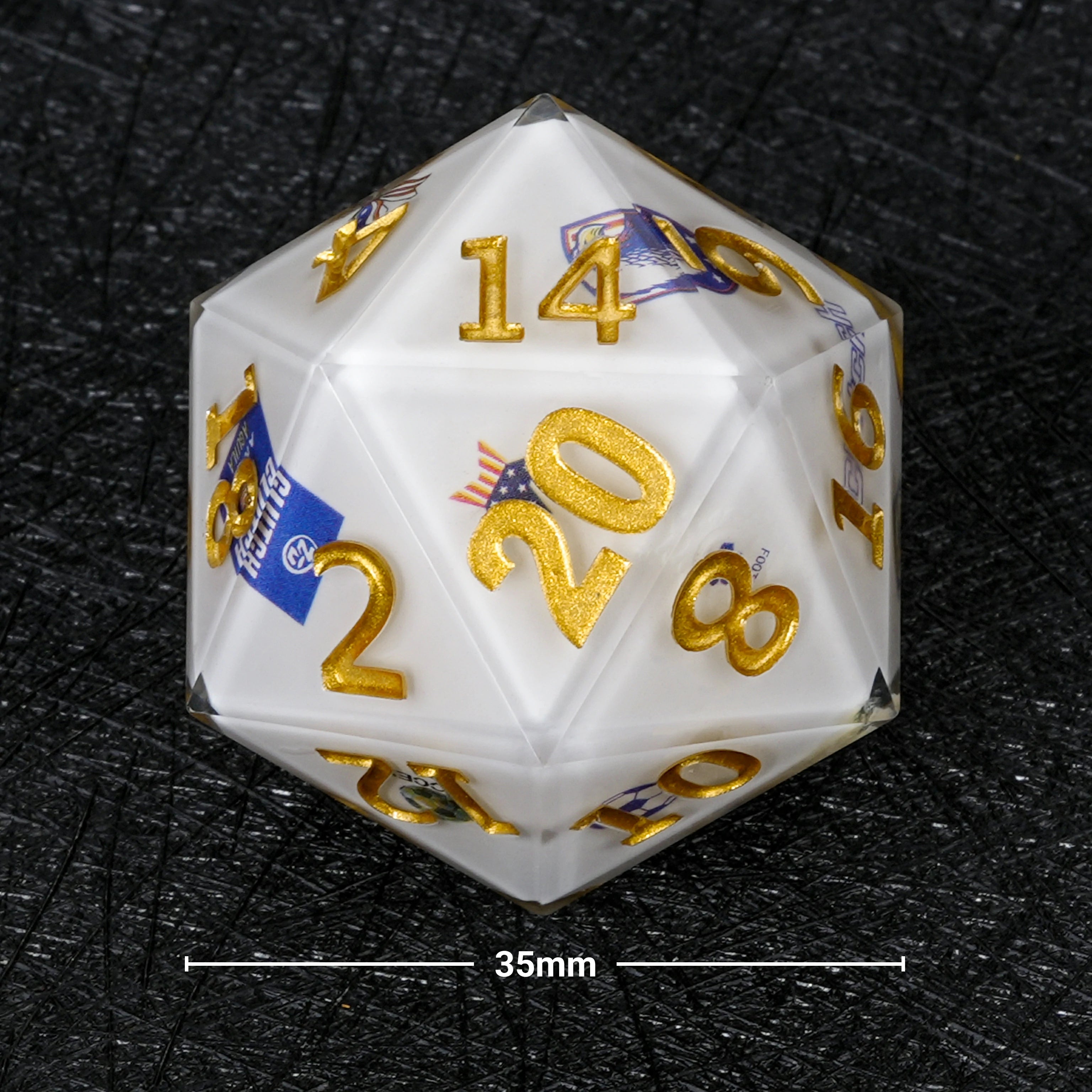 35mm World Cup USA Soccer White Resin Giant D20 Dice – Oversized RPG Die