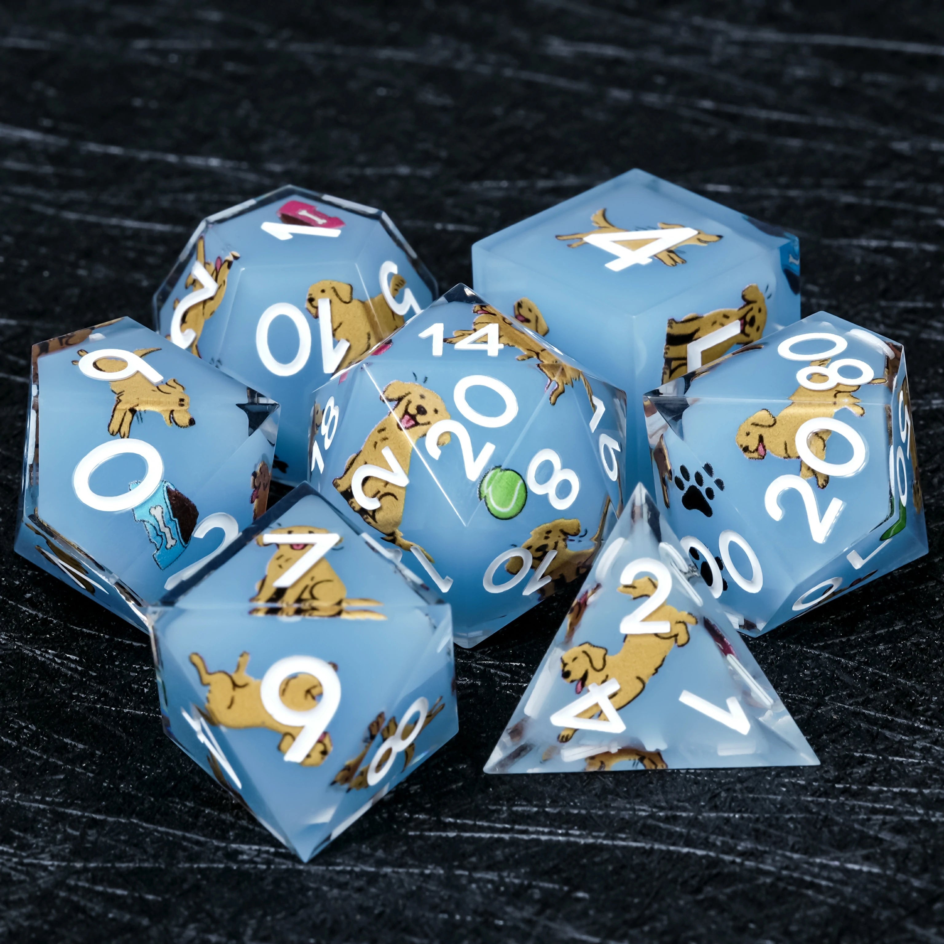 Golden Retriever Light Blue Resin Dice Set | White Numbers for D&D & RPG