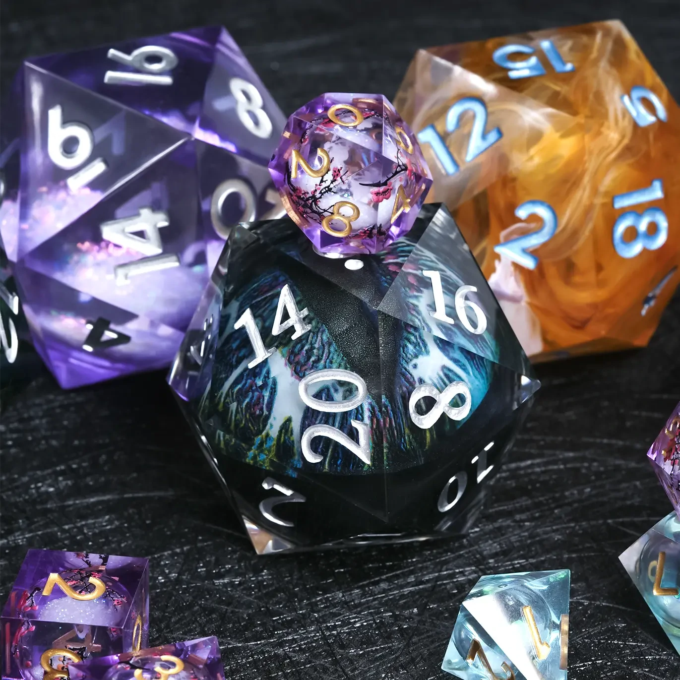 35mm Dragon Eye Liquid-Core Transparent Resin D20 Dice – White Numbers