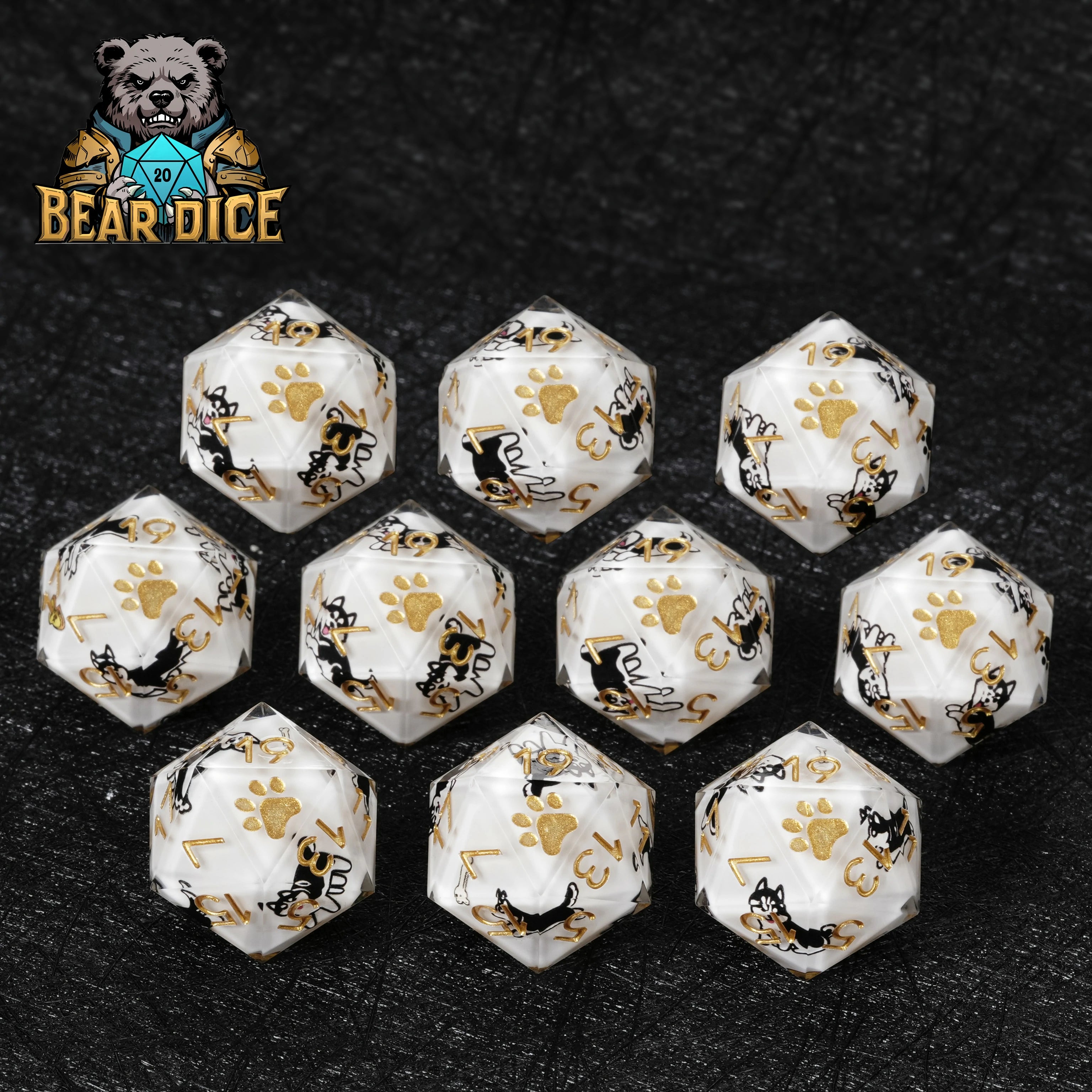 Husky White Resin DND D20 Dice | Dog Paw RPG Dice for D&D