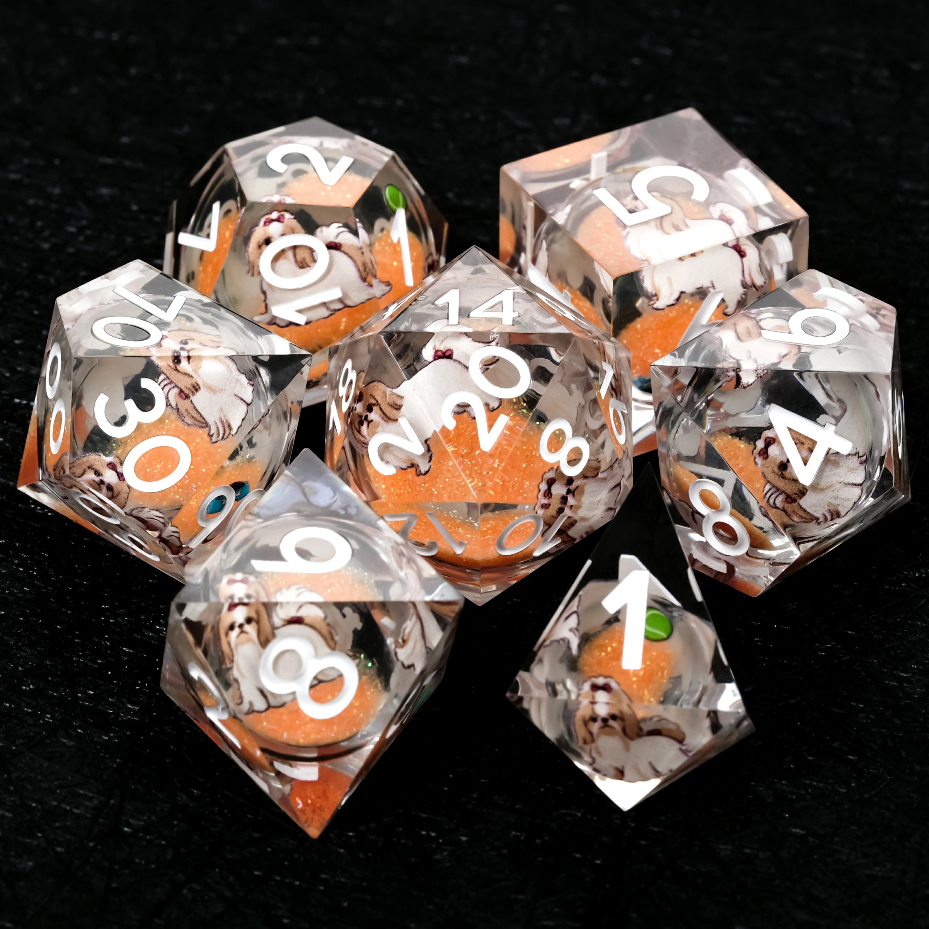 Shih Tzu Orange Liquid-Core Resin Dice Set | White Numbers