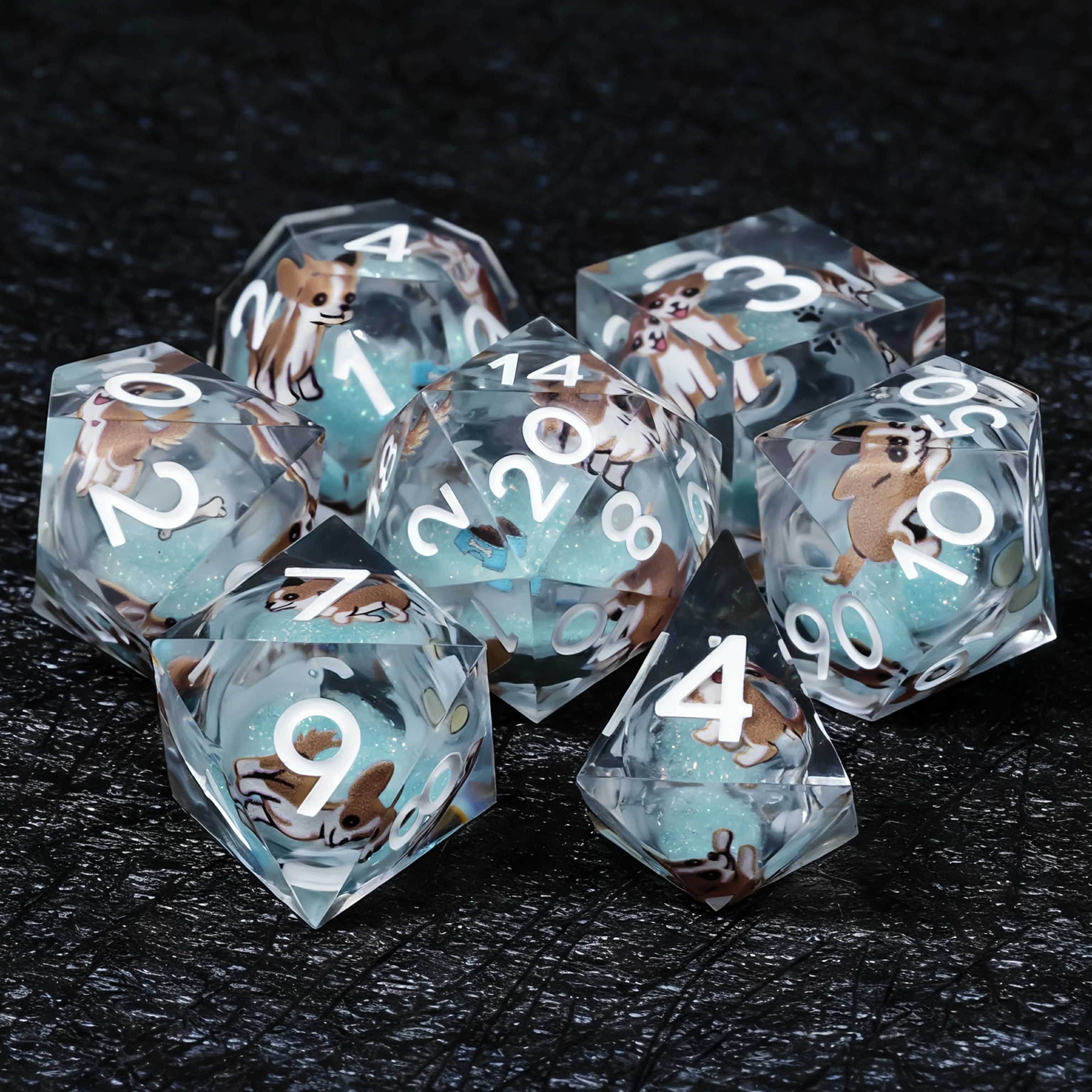 Chihuahua Light Blue Liquid-Core Resin Dice Set | White Numbers | D&D RPG Polyhedral Dice