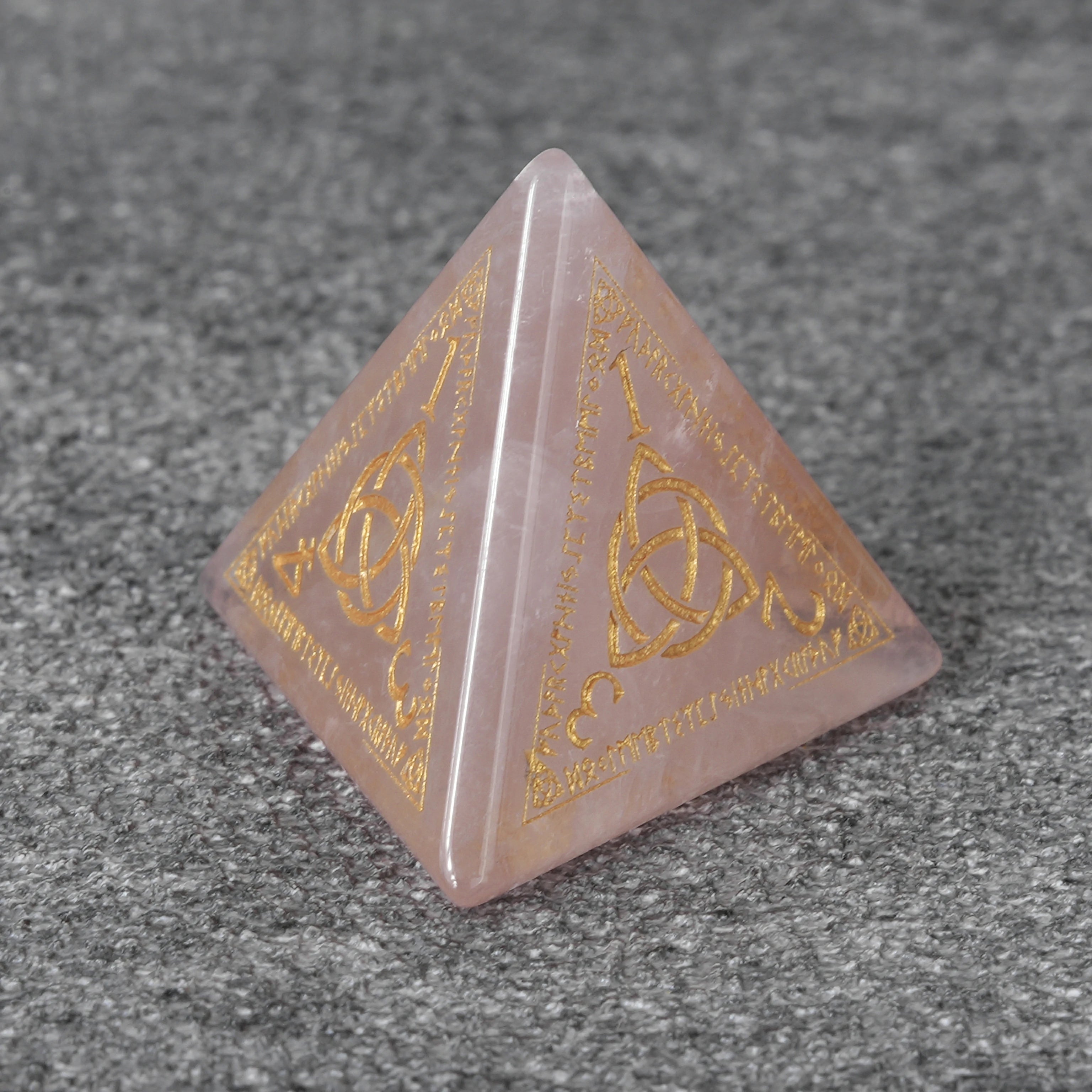 Rose Quartz Gemstone Dice Set with Gold Magical Runes