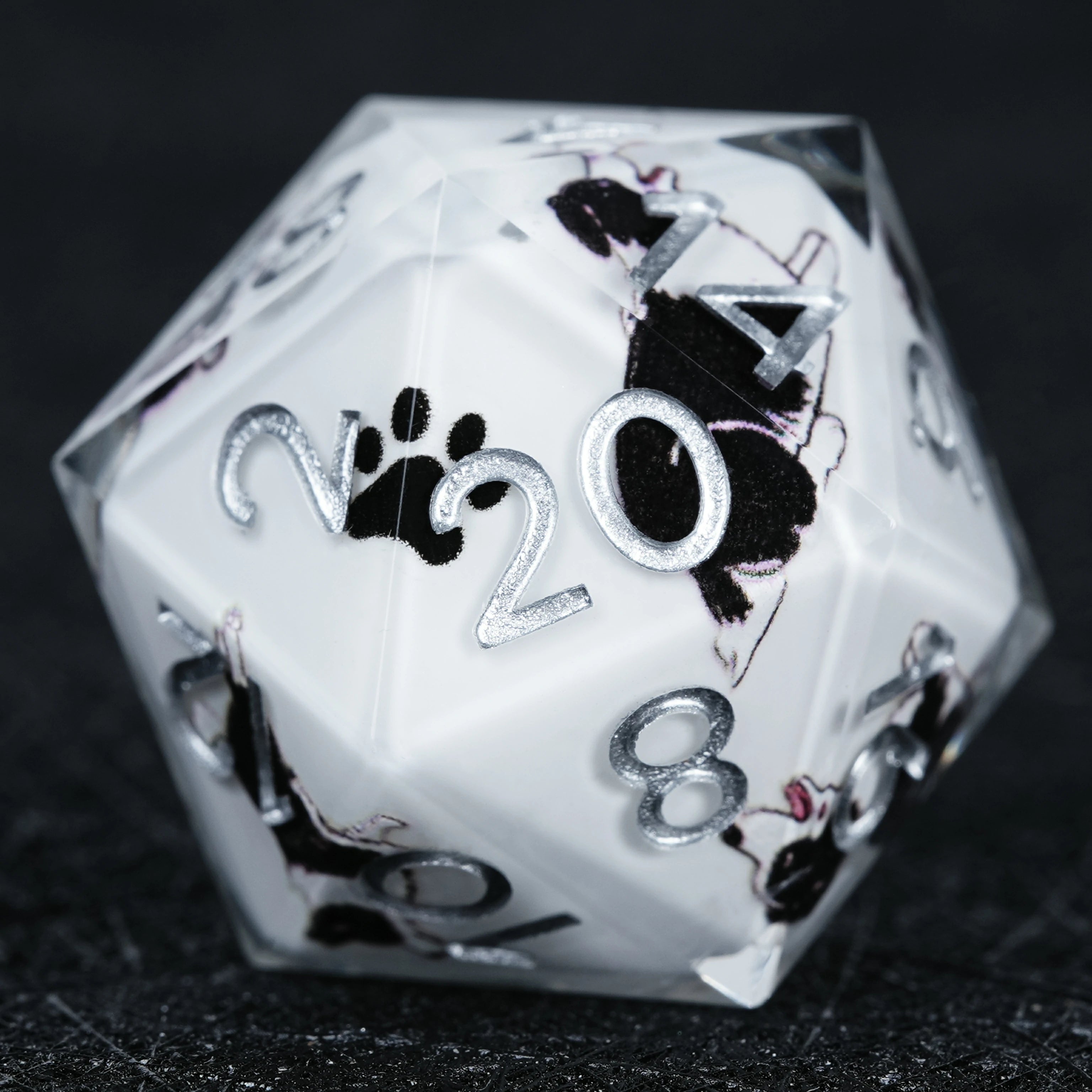 Border Collie White Resin Dice Set | Silver Numbers | D&D RPG Polyhedral Dice