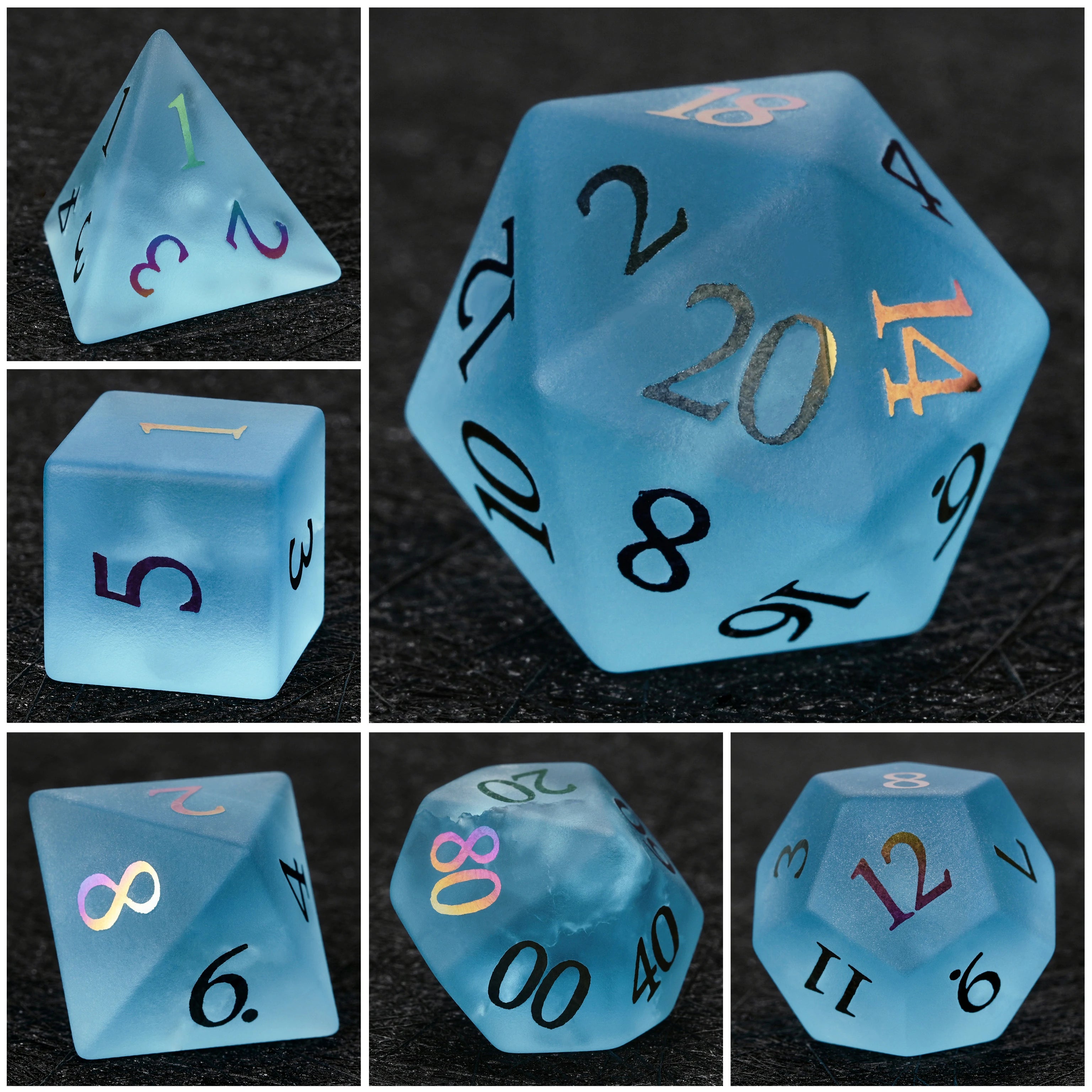 Frosted Aquamarine Crystal Glass Dice with Colored Numbers