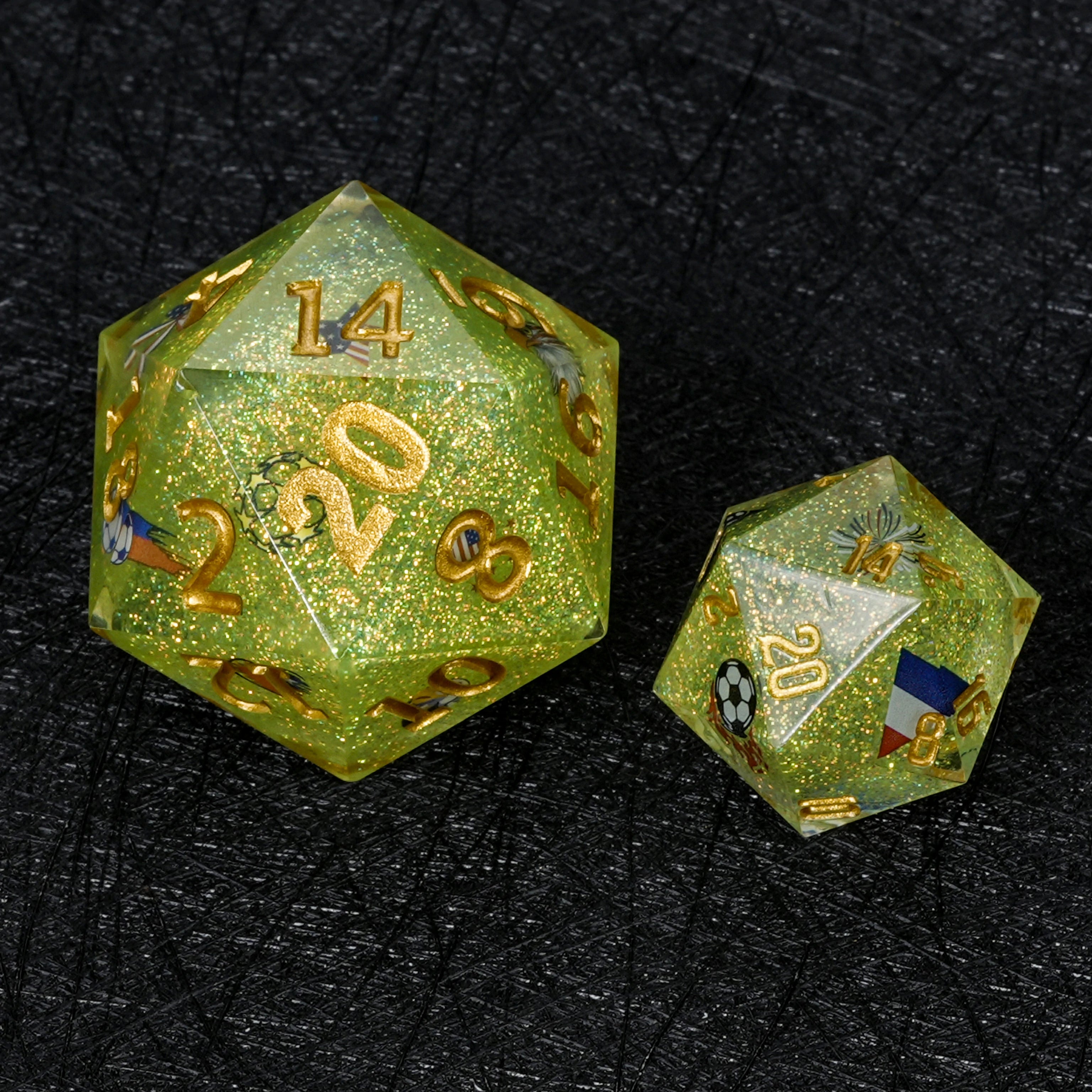35mm World Cup USA Soccer Green Glitter Resin DND D20 Dice