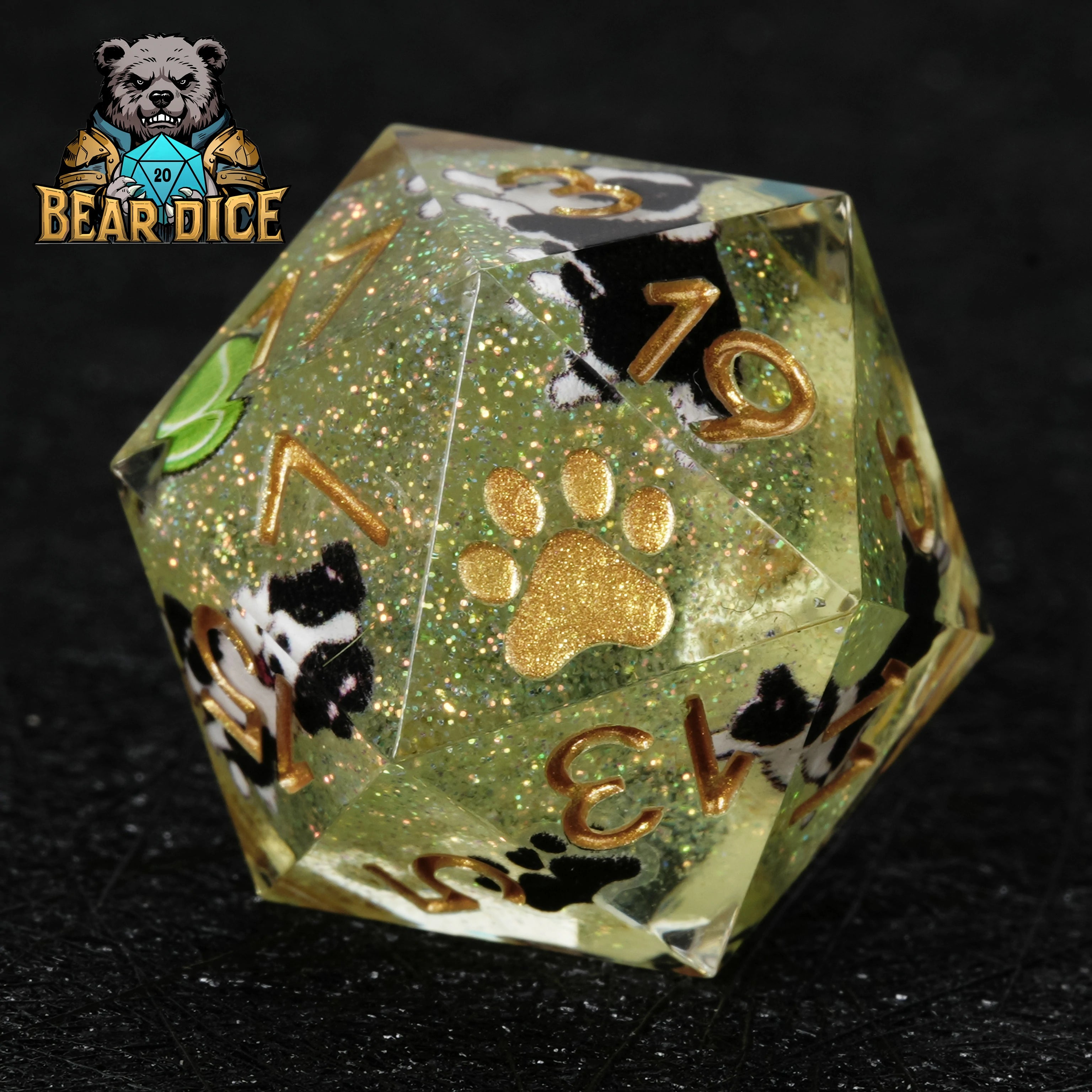 Border Collie Green Glitter Resin D&D D20 Dice | Handcrafted RPG Die