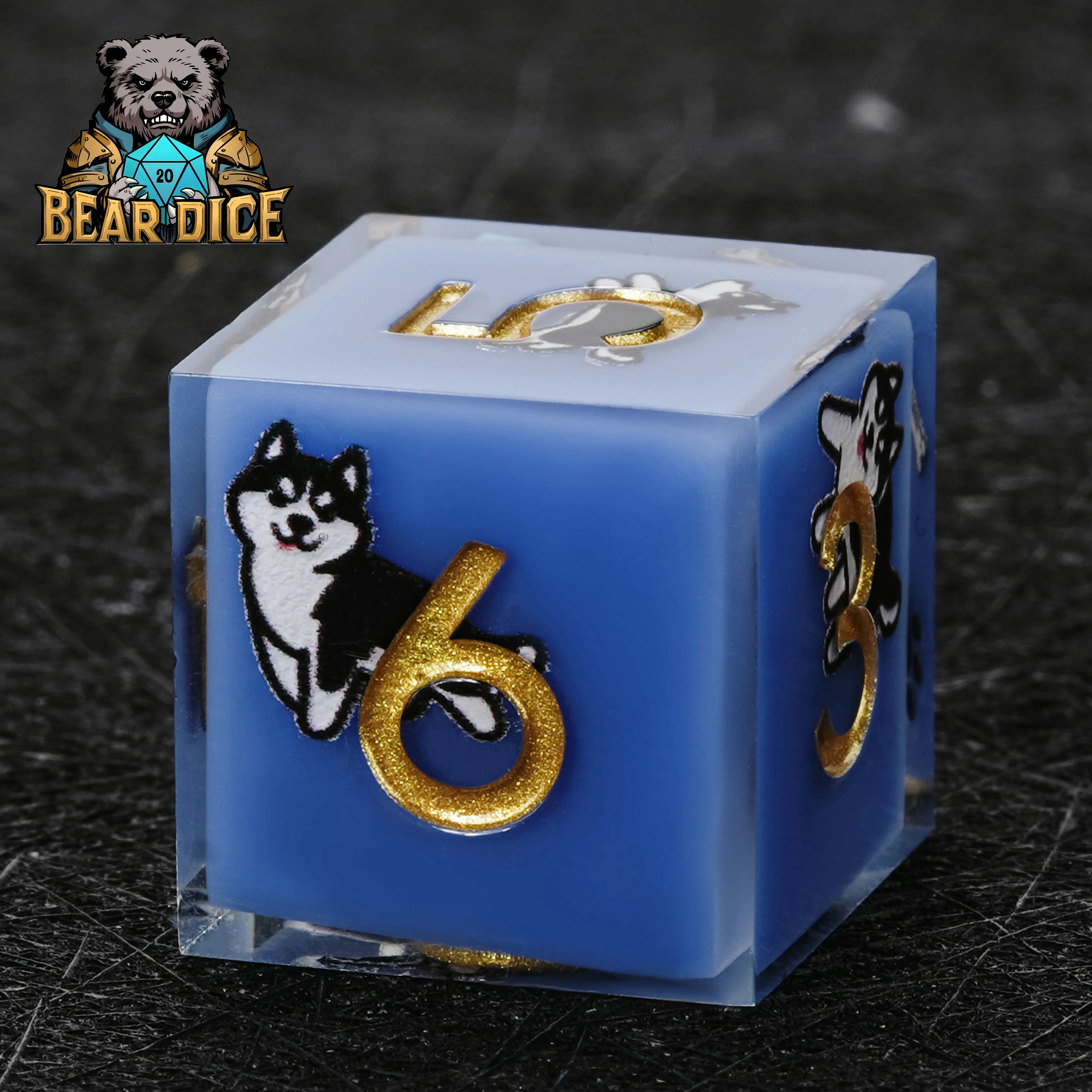 Husky Blue Resin DND D6 Dice | Polyhedral RPG Six-Sided Die with Husky Art