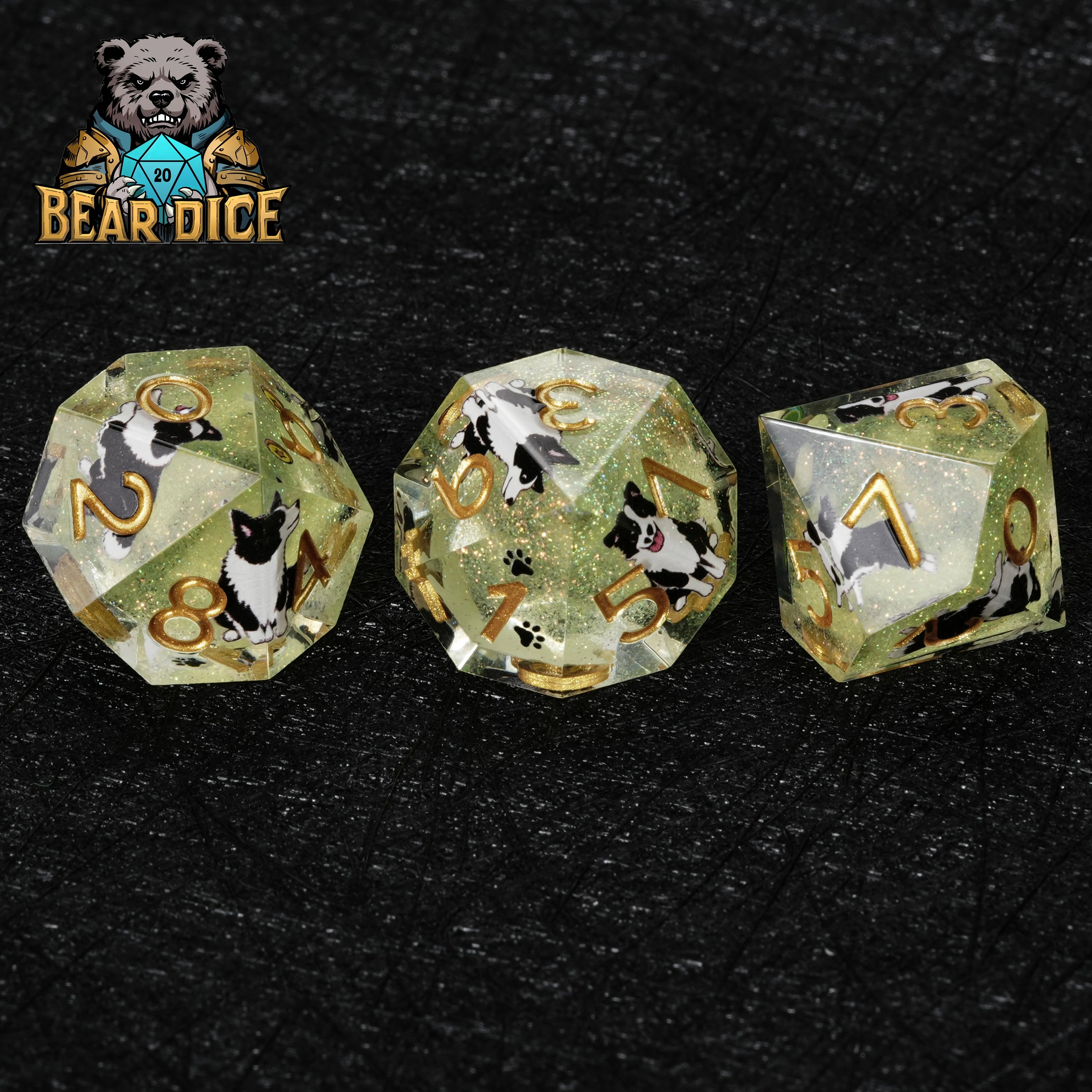 Border Collie Green Glitter Resin D&D D10 Dice | RPG Dice for Dog Lovers