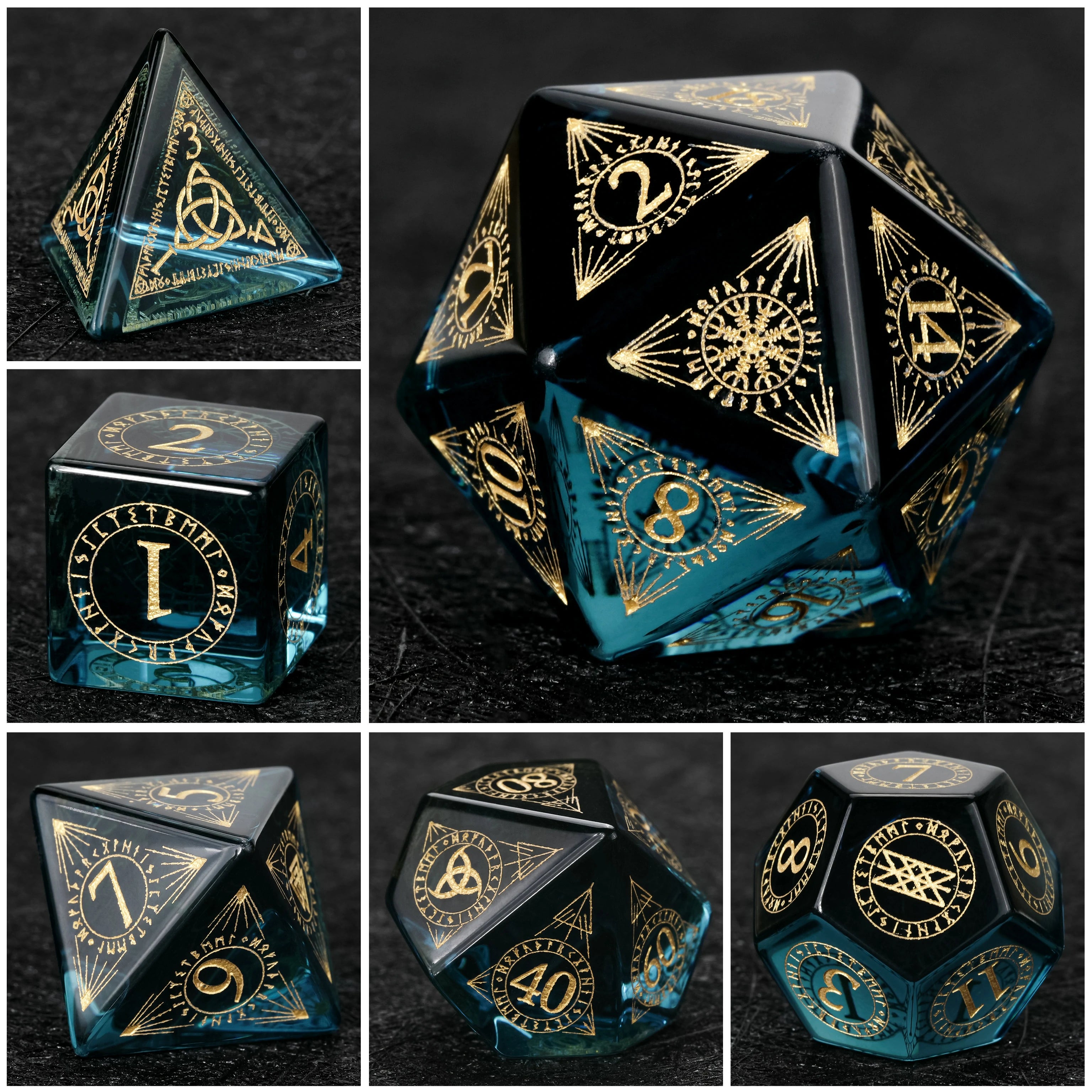 Blue Crystal Glass Dice Set with Gold Magical Runes