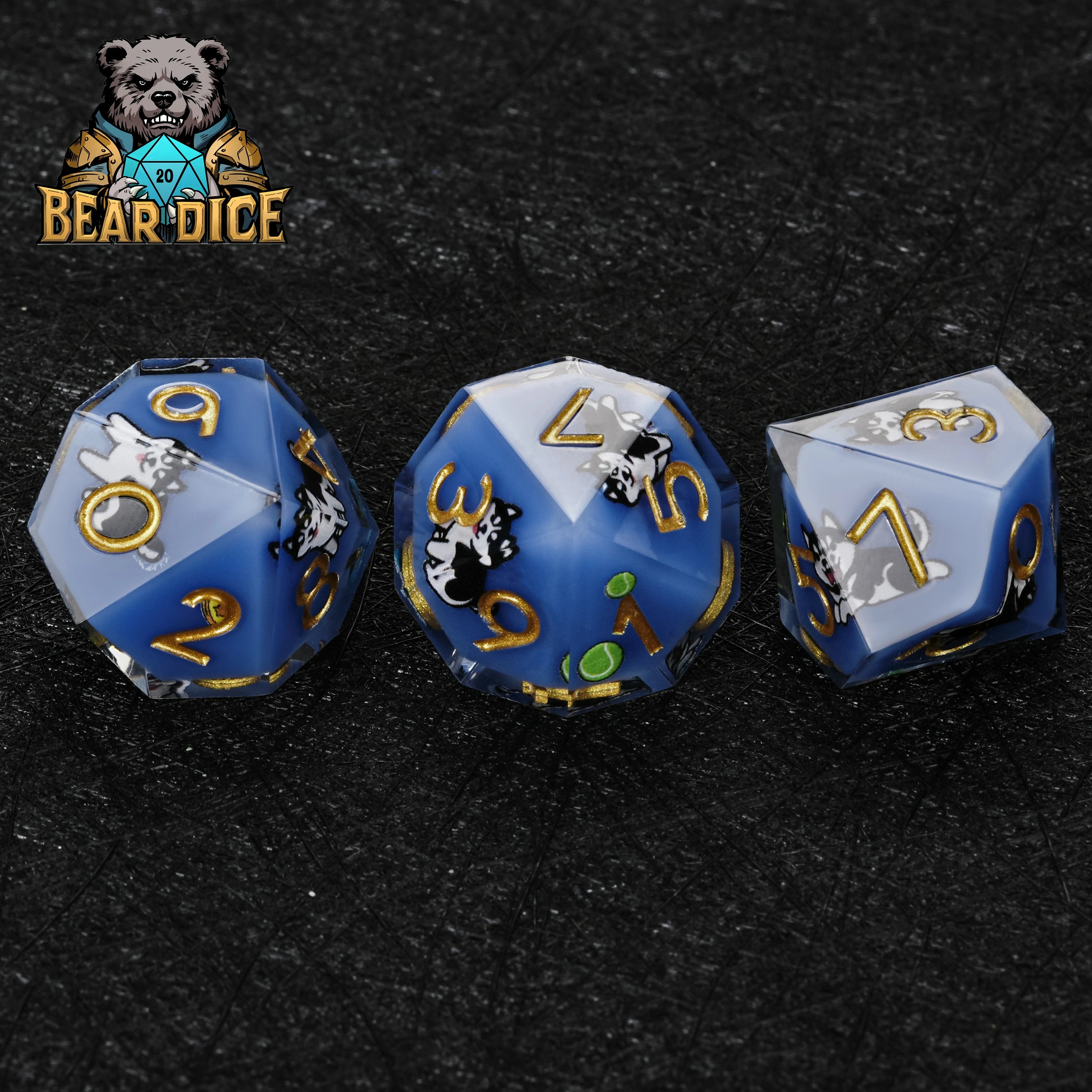 Husky Blue Resin DND Dice Set | 7-Piece Polyhedral RPG Dice with Husky Art