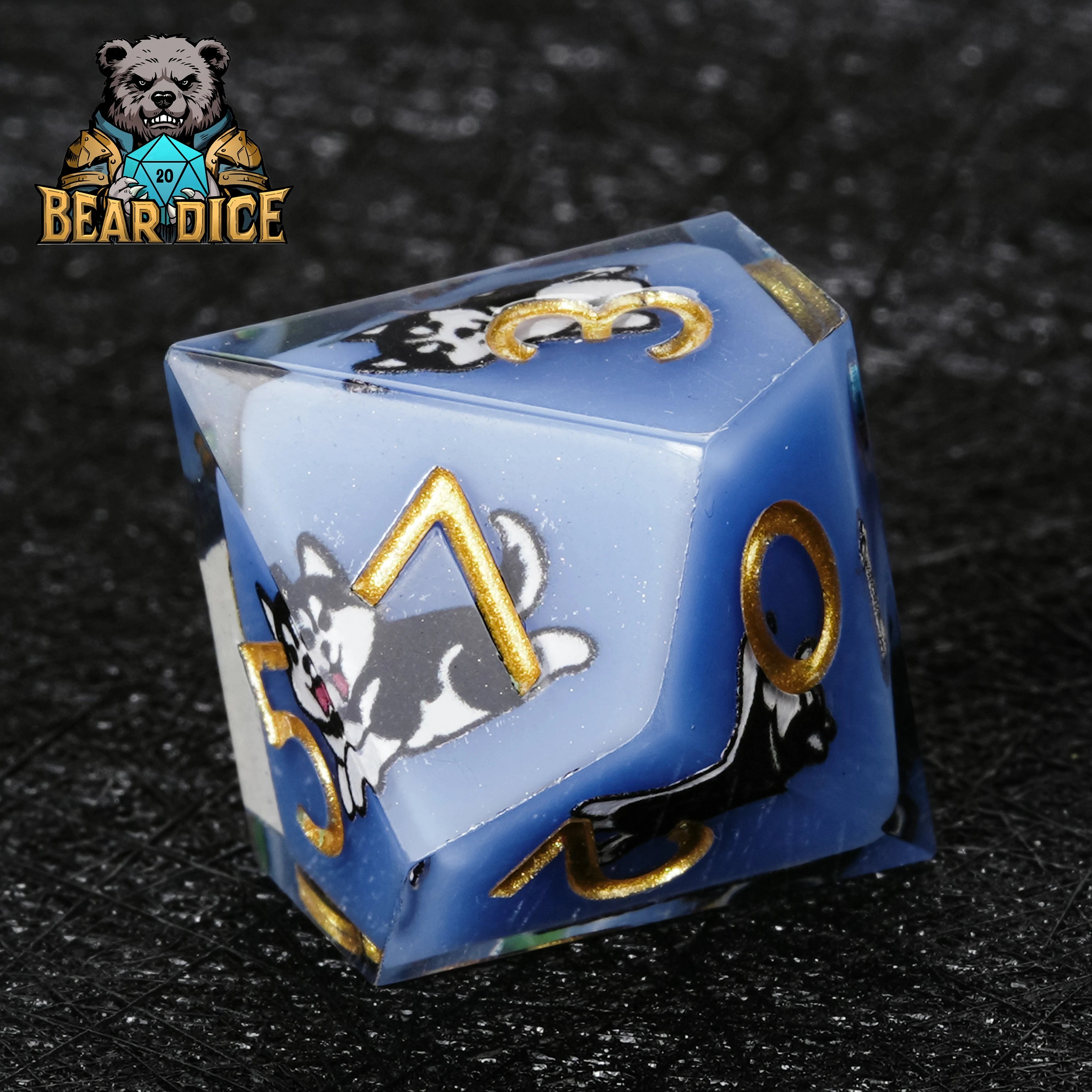 Husky Blue Resin DND Dice Set | 7-Piece Polyhedral RPG Dice with Husky Art