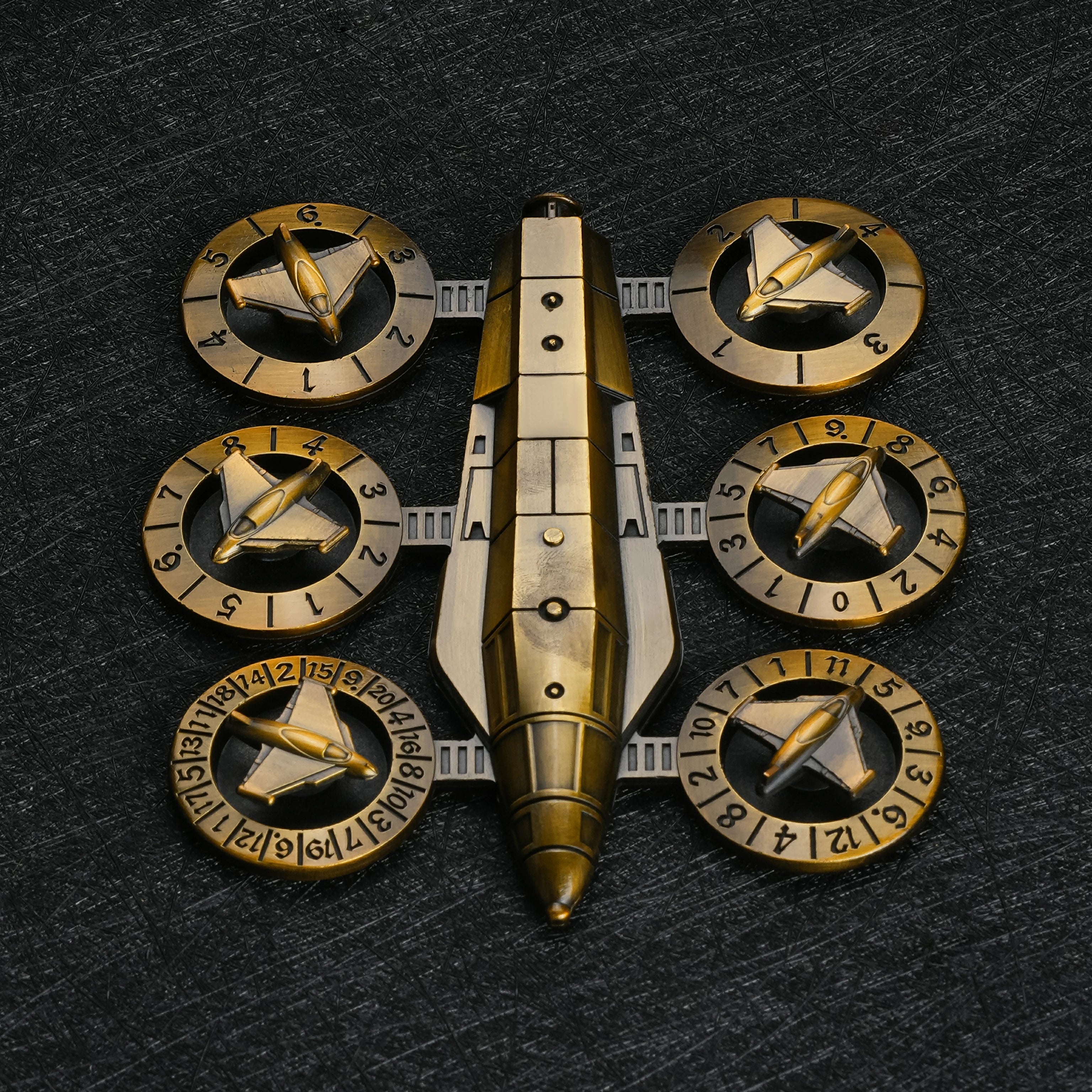 7-in-1 Spaceship Wing Spinner Metal Dice Set – full set top view