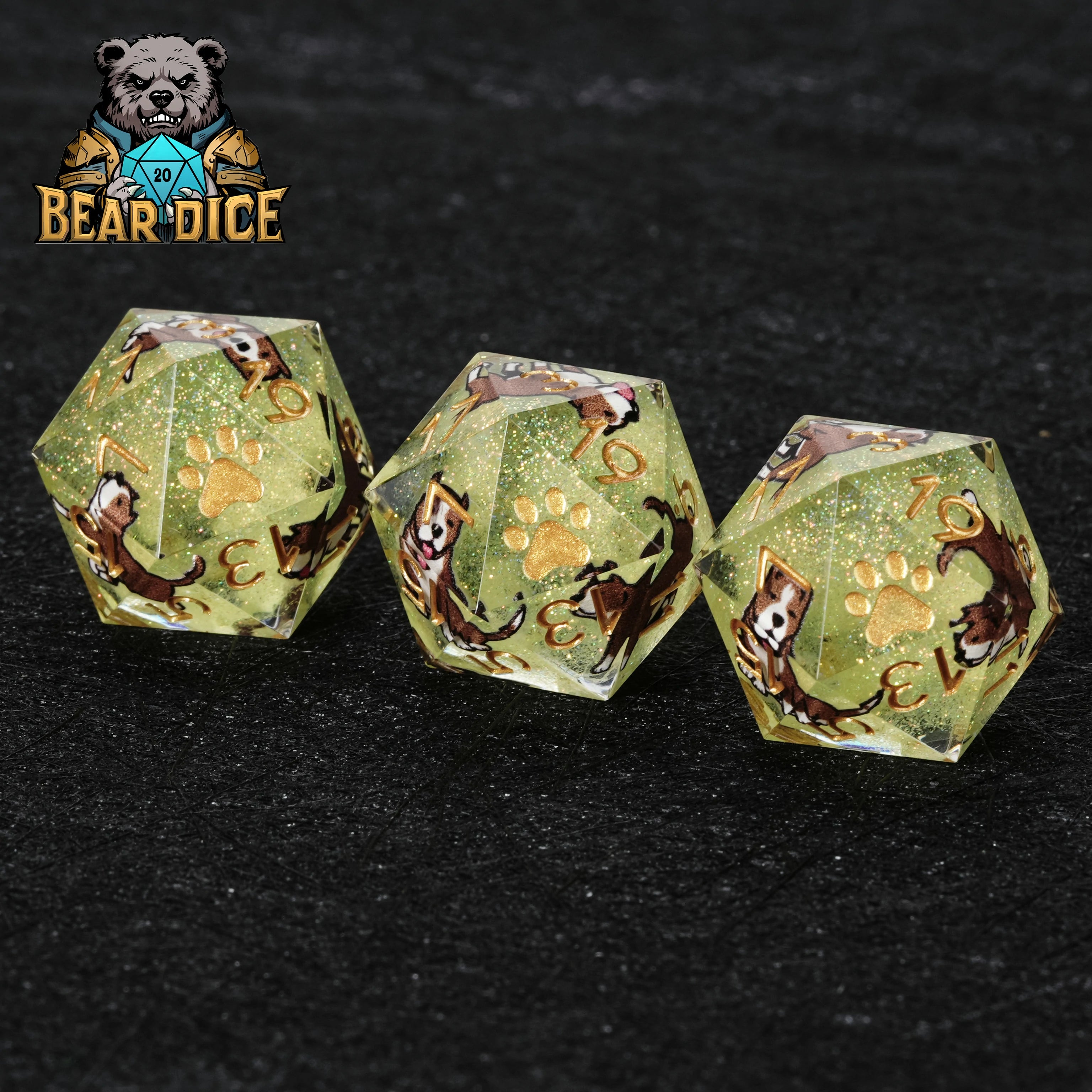 American Pit Bull Green Glitter Resin D&D D20 Dice