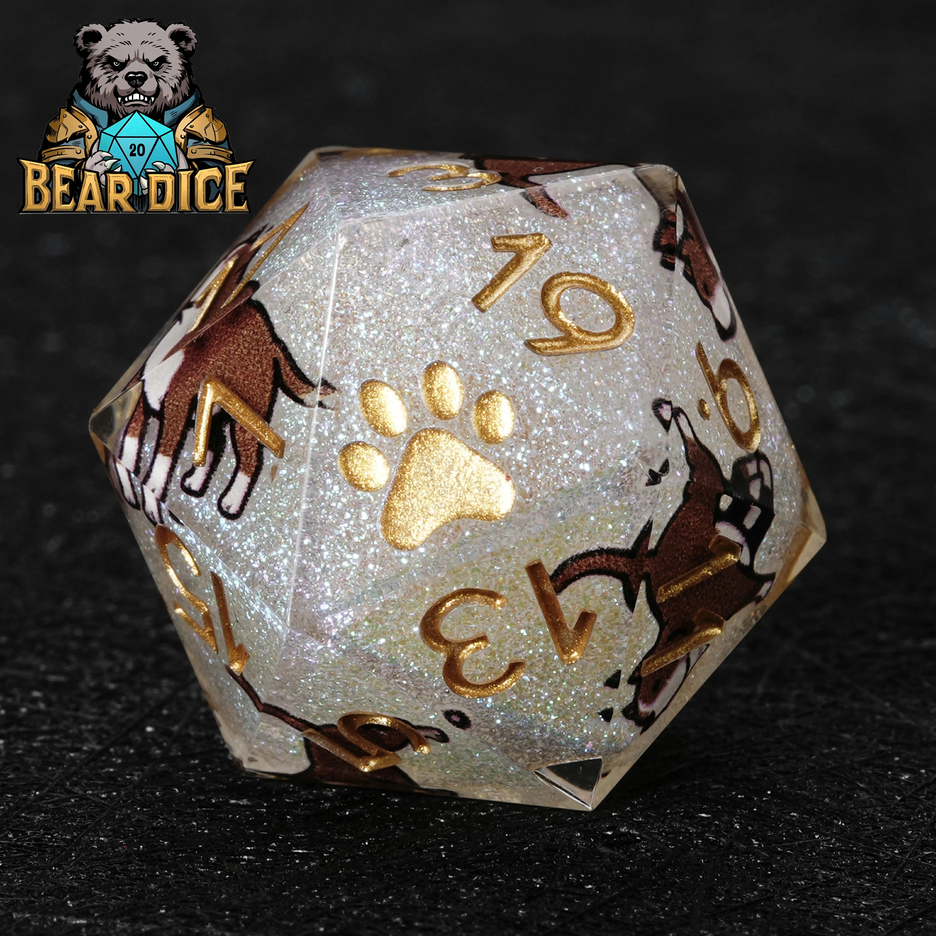 American Pit Bull White Glitter Resin D&D D20 Dice