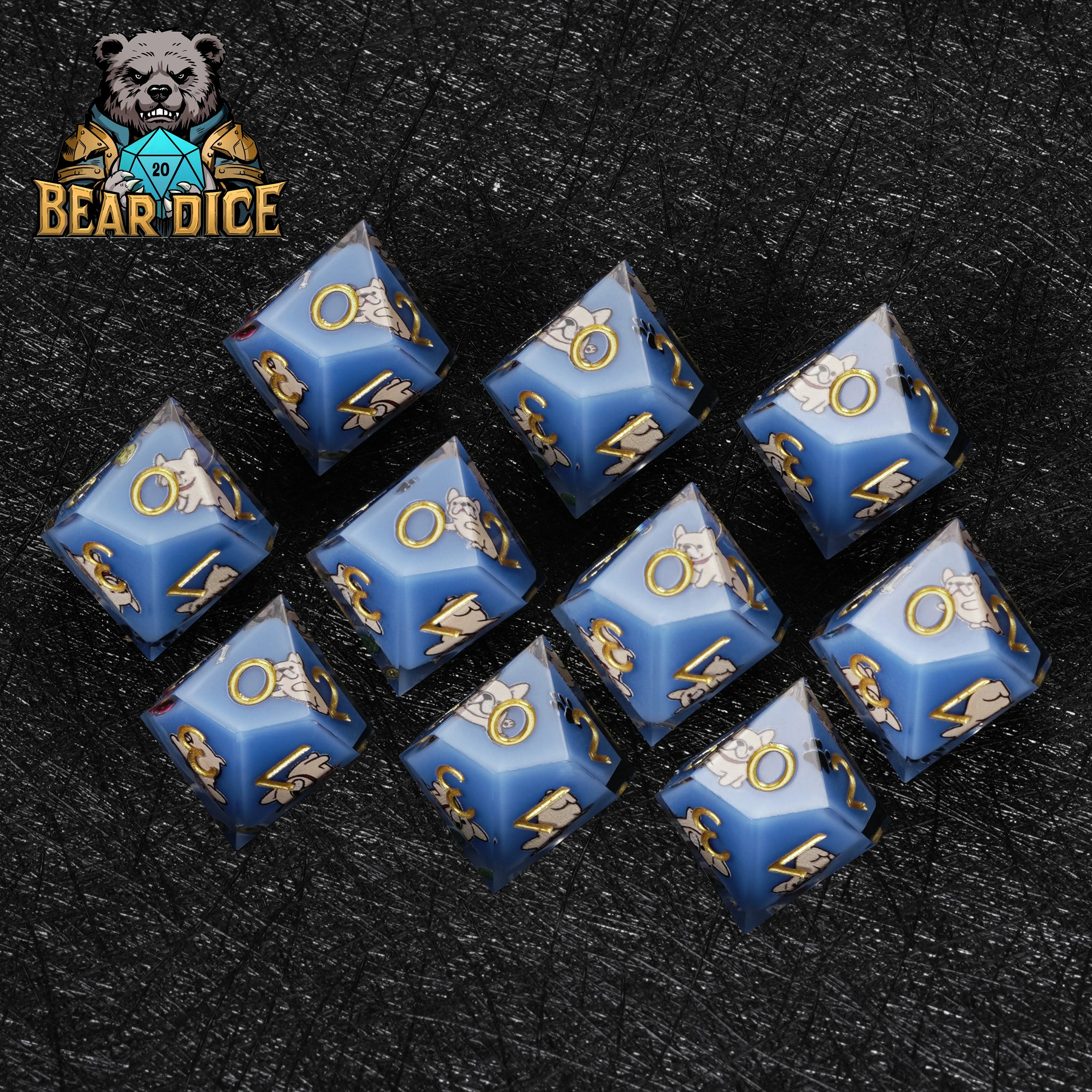 Bulldog Blue Resin D10 Dice | D&D RPG Polyhedral Die with Cute Dog Design