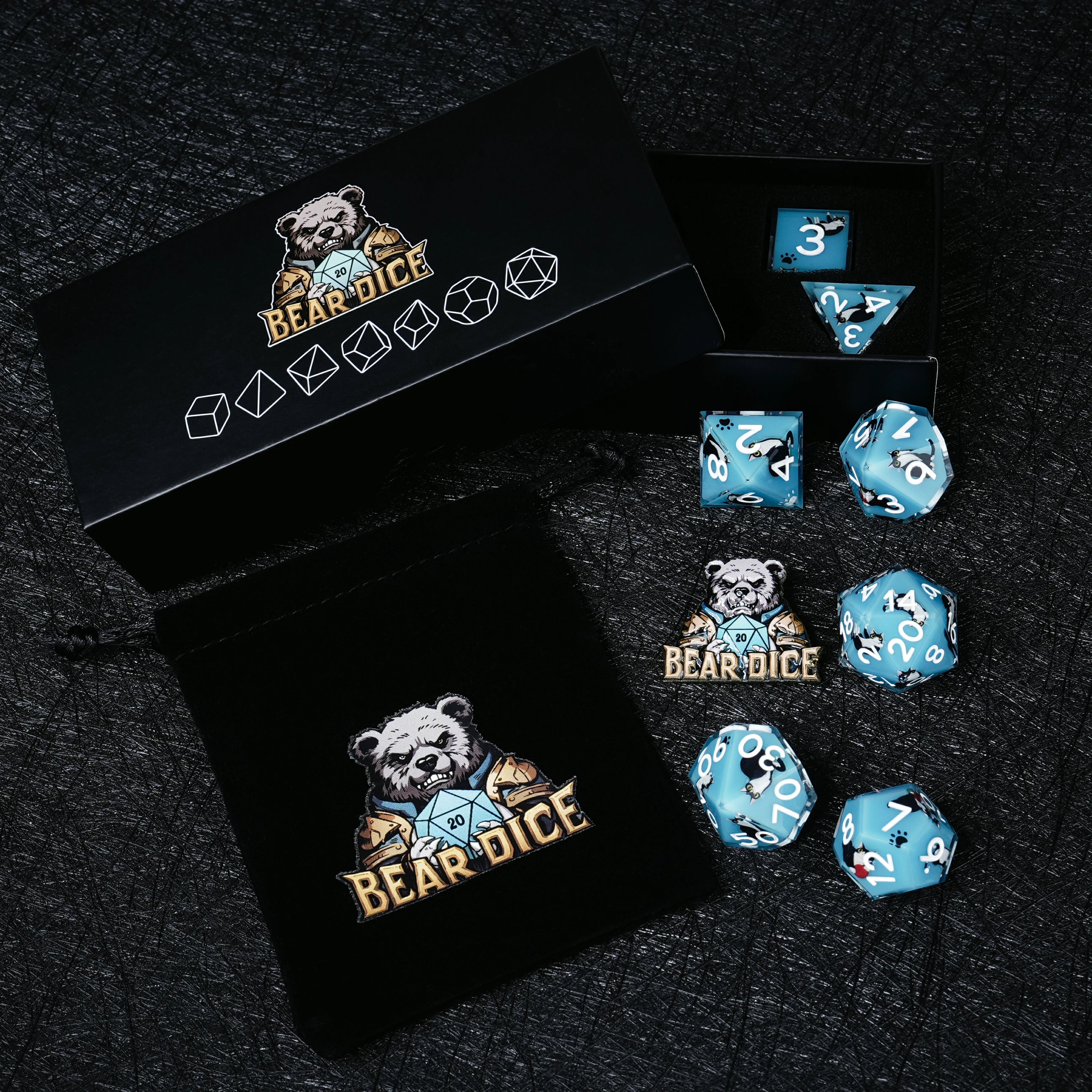 Black Cat Resin Dice Set | Light Blue DnD Dice with White Numbers