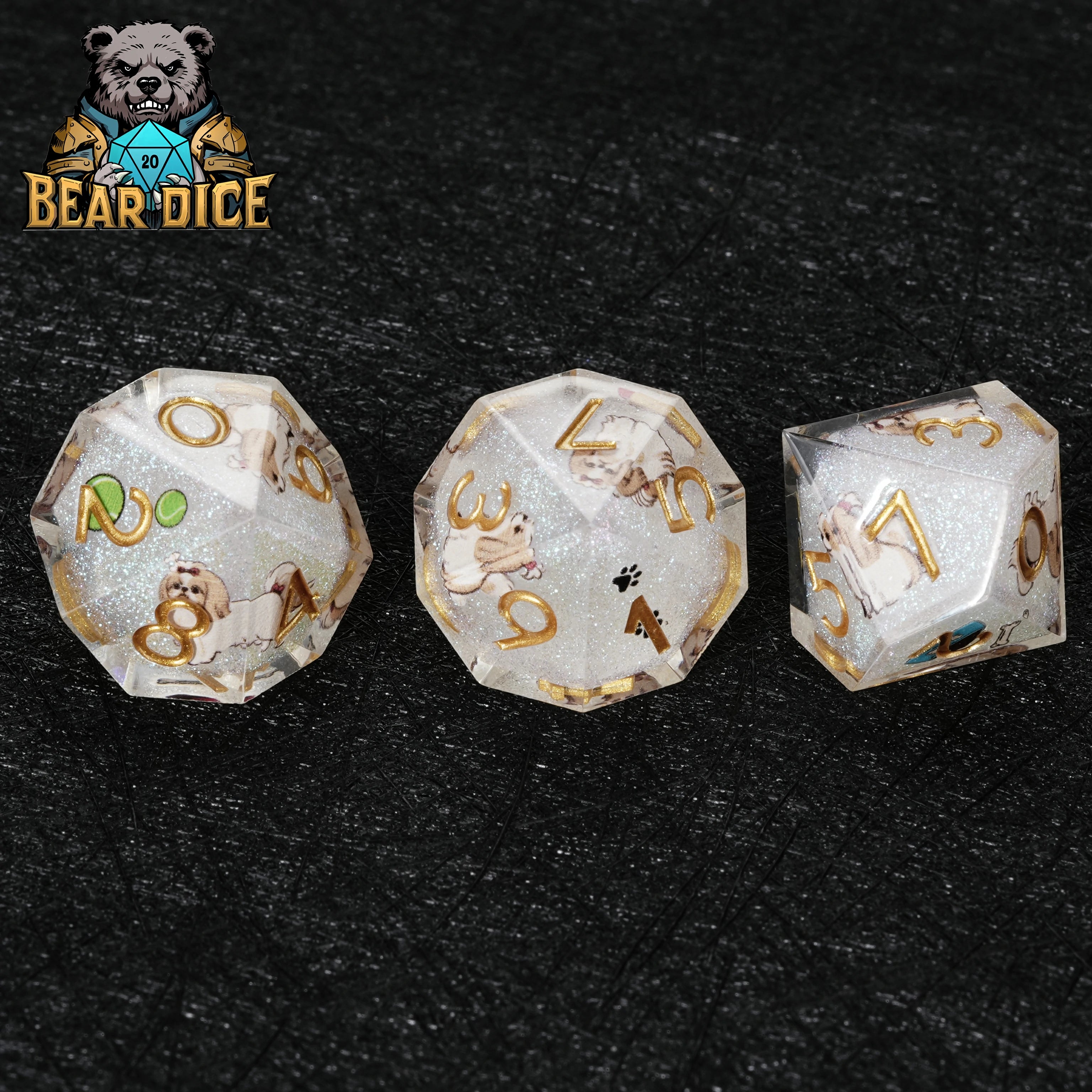 White Glitter Resin Shih Tzu DND D10 Dice | Handcrafted RPG Dice Set