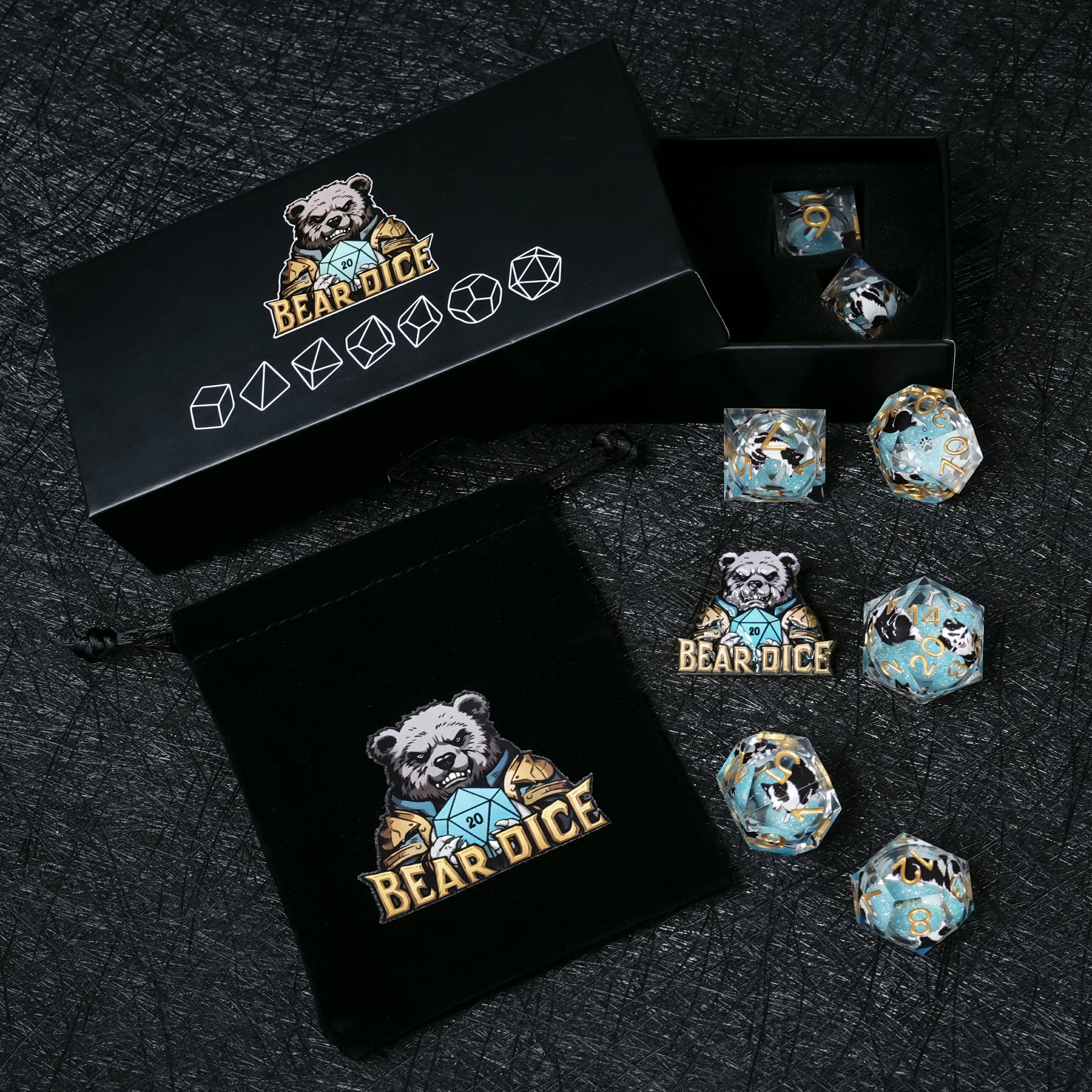 Border Collie White Liquid-Core Resin Dice Set | Gold Numbers | D&D RPG Dice
