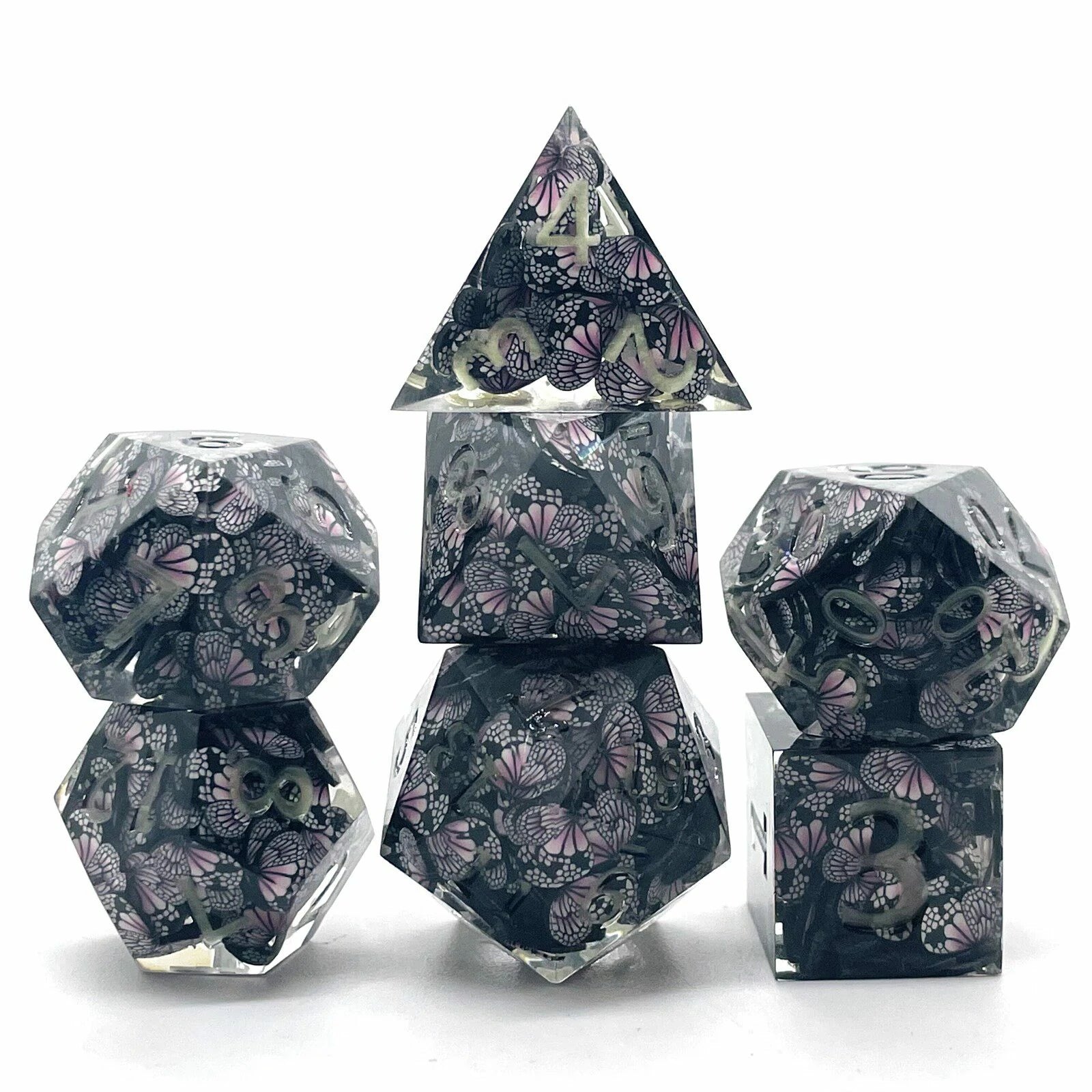 Glow-in-the-Dark Butterfly Transparent Resin DND Dice Set | 7-Piece RPG Dice
