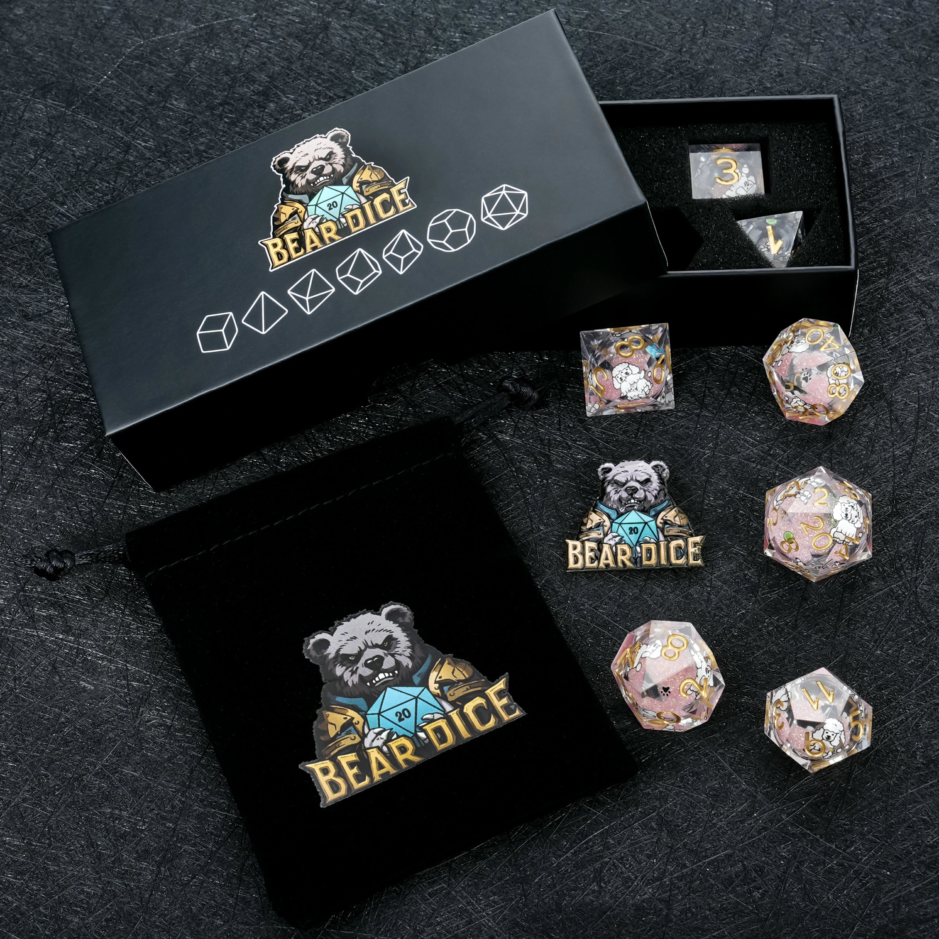 Poodle Pink Liquid-Core Dice Set + Gold Numbers