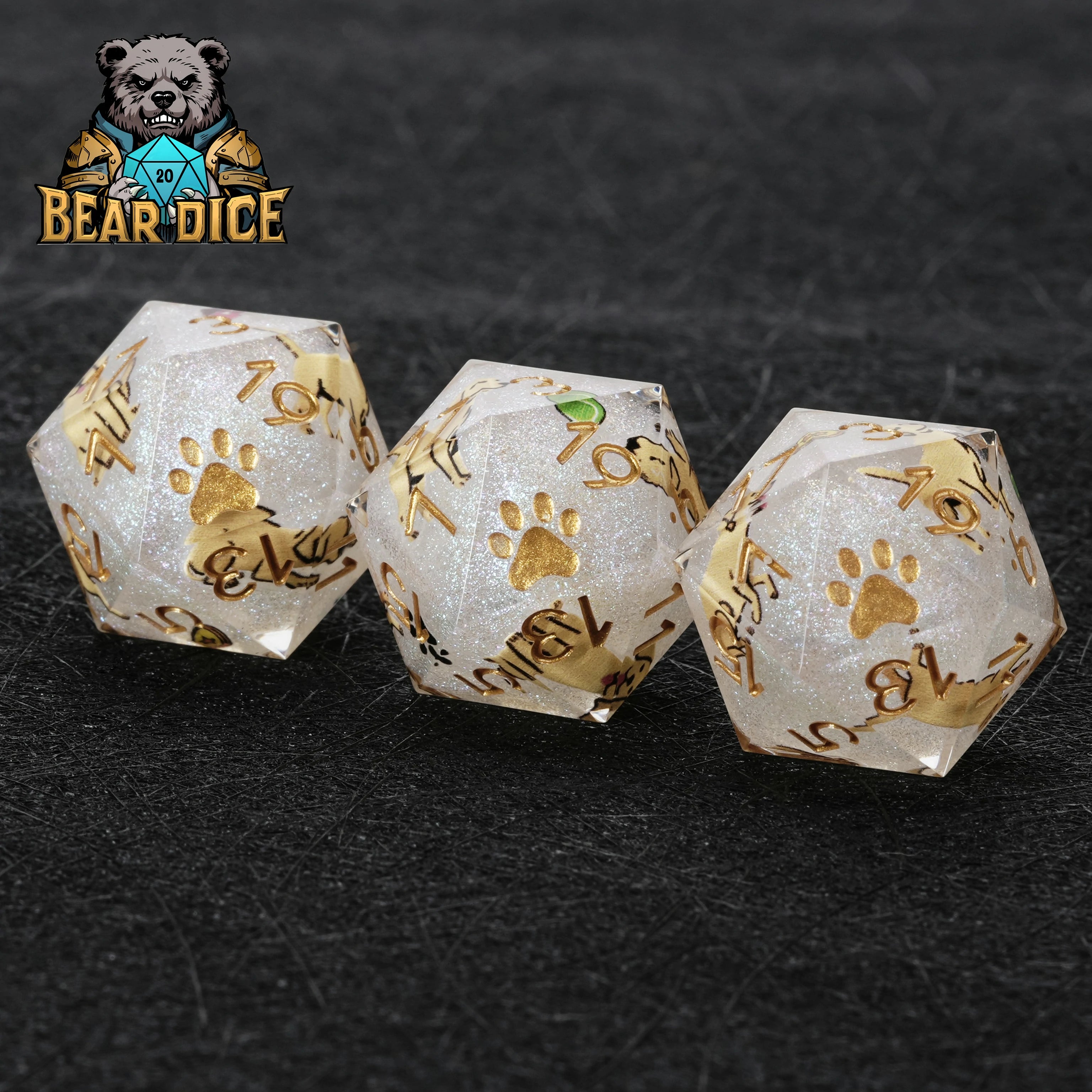 Labrador White Glitter Resin DND D20 Dice | Bear Dice