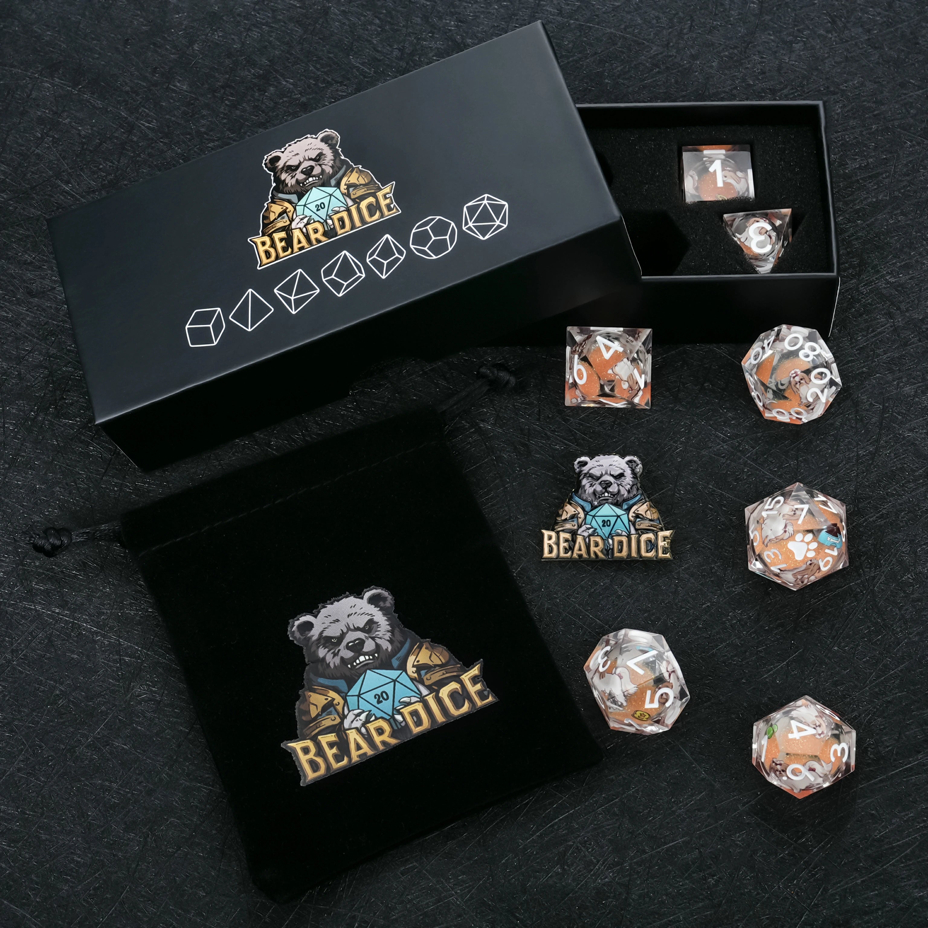 Shih Tzu Orange Liquid-Core Resin Dice Set | White Numbers