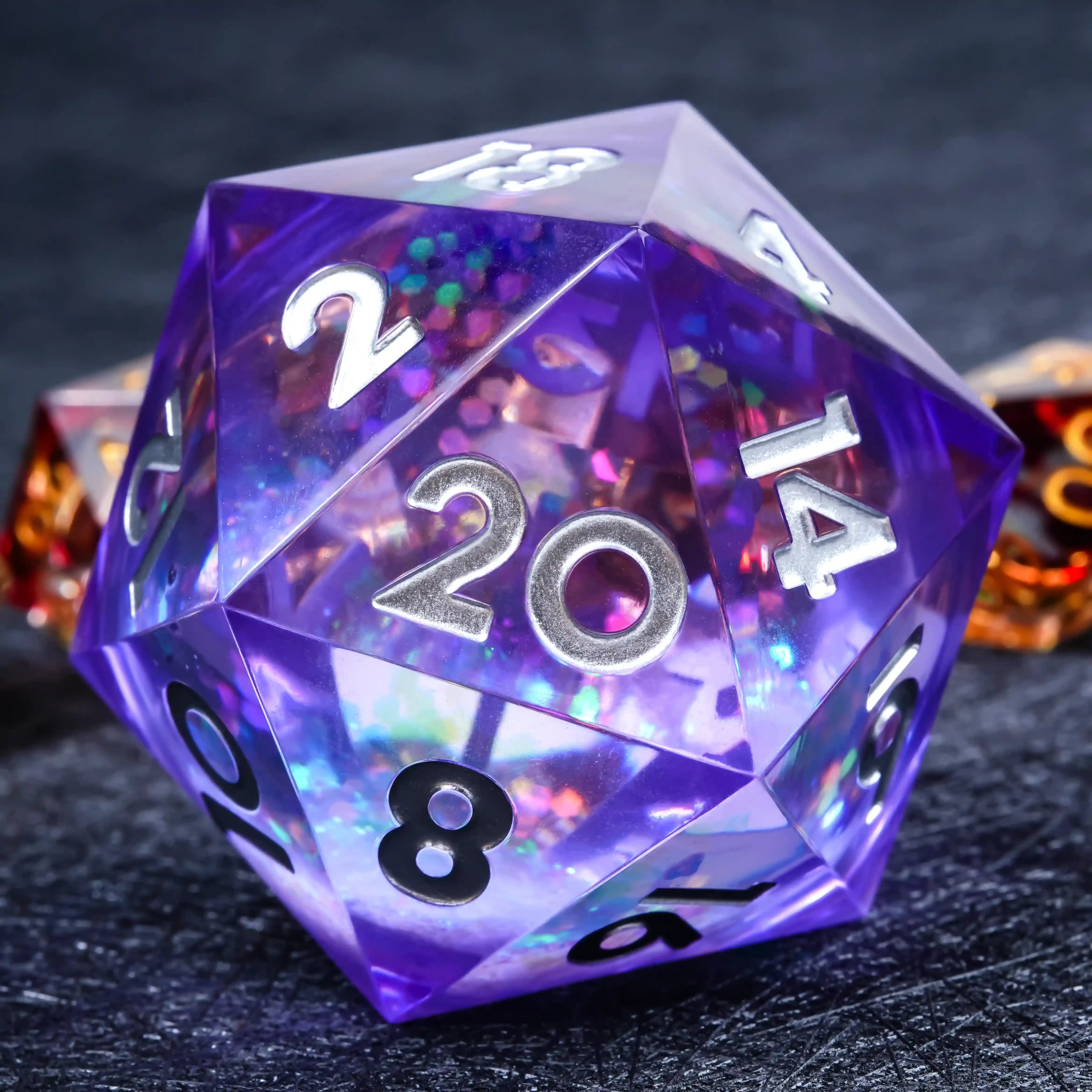 35mm Blue-Purple Transparent Resin Silver Liquid-Core Large D20 Dice + White Numbers
