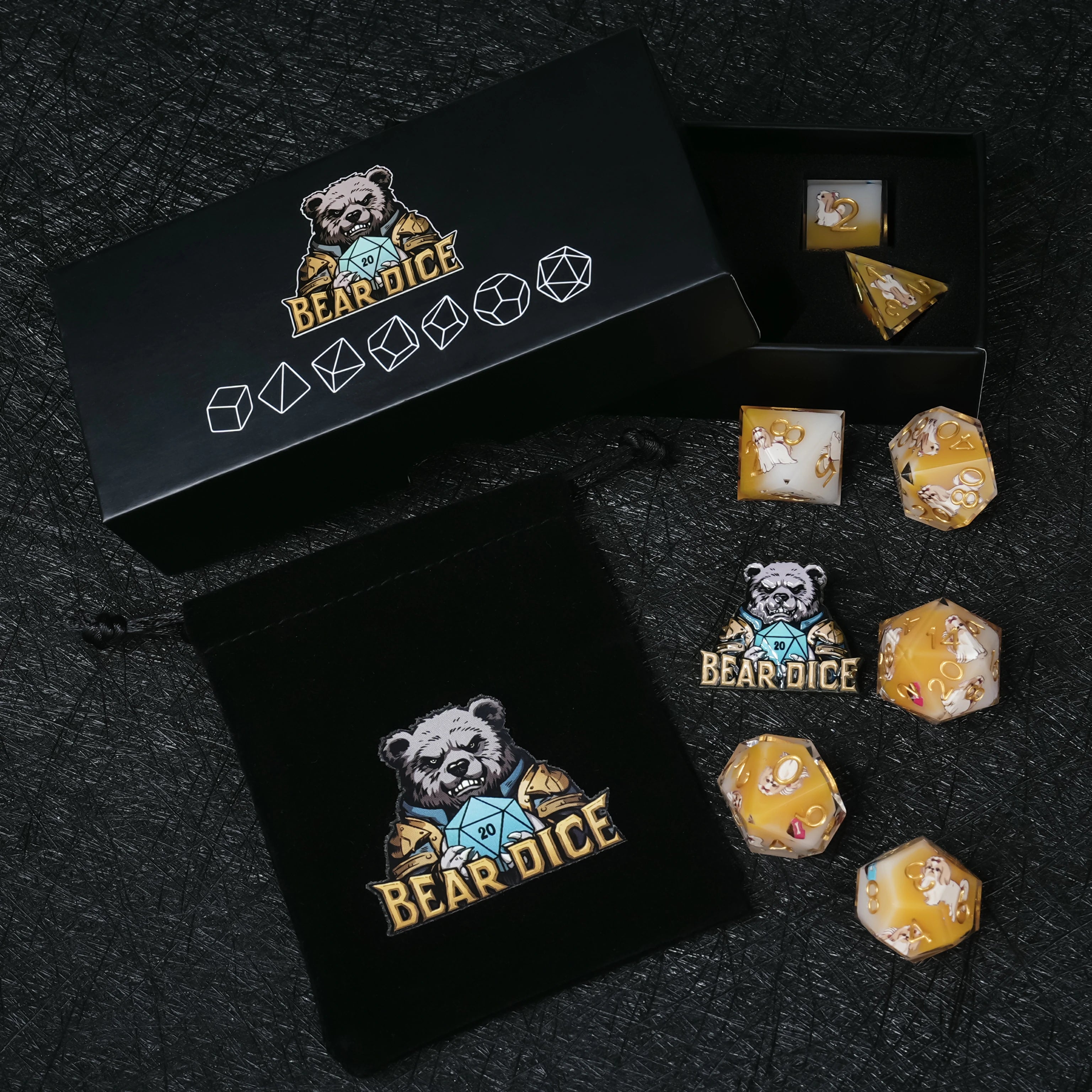 Shih Tzu Dice Set – Yellow & White Resin Polyhedral Dice with Gold Numbers