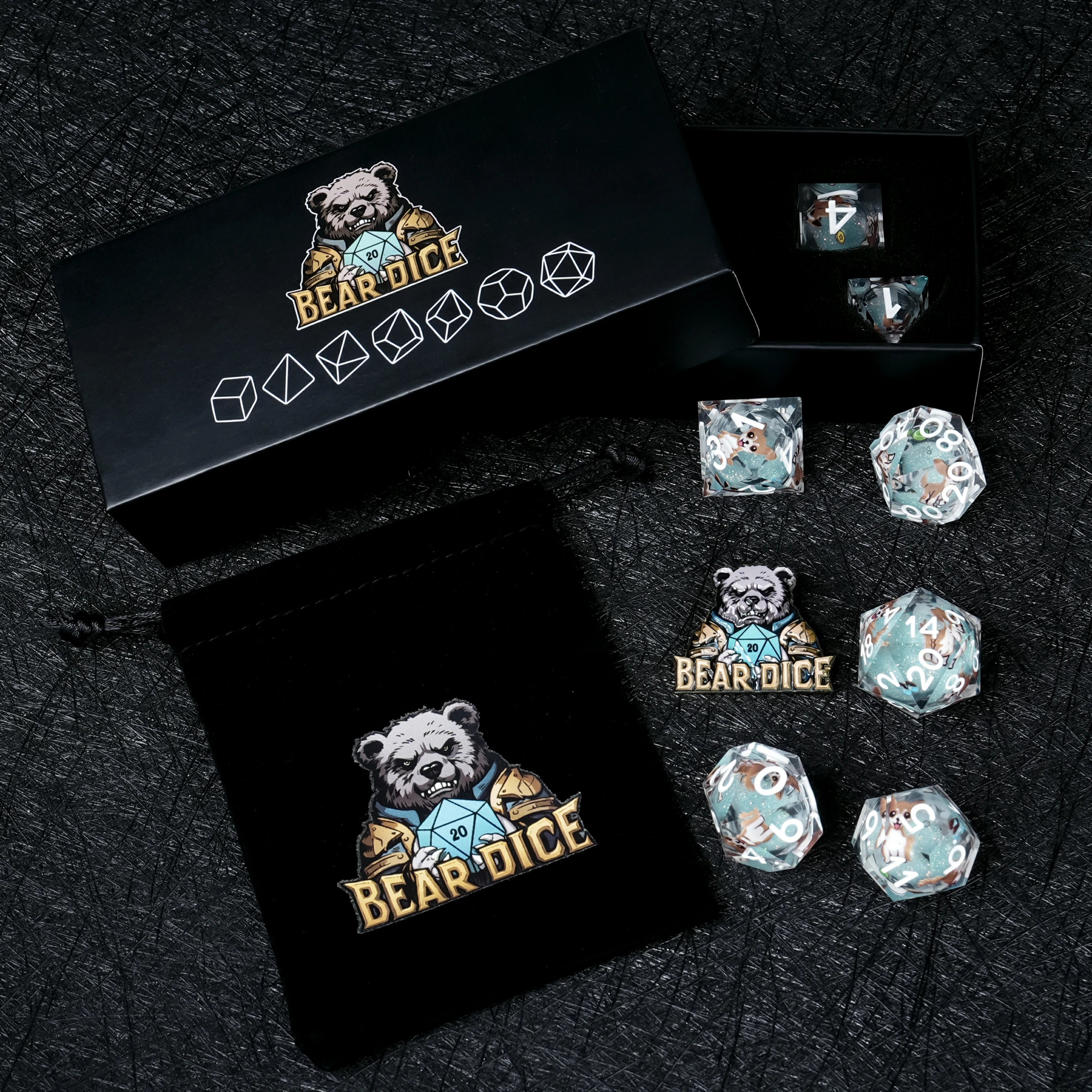 Chihuahua Light Blue Liquid-Core Resin Dice Set | White Numbers | D&D RPG Polyhedral Dice