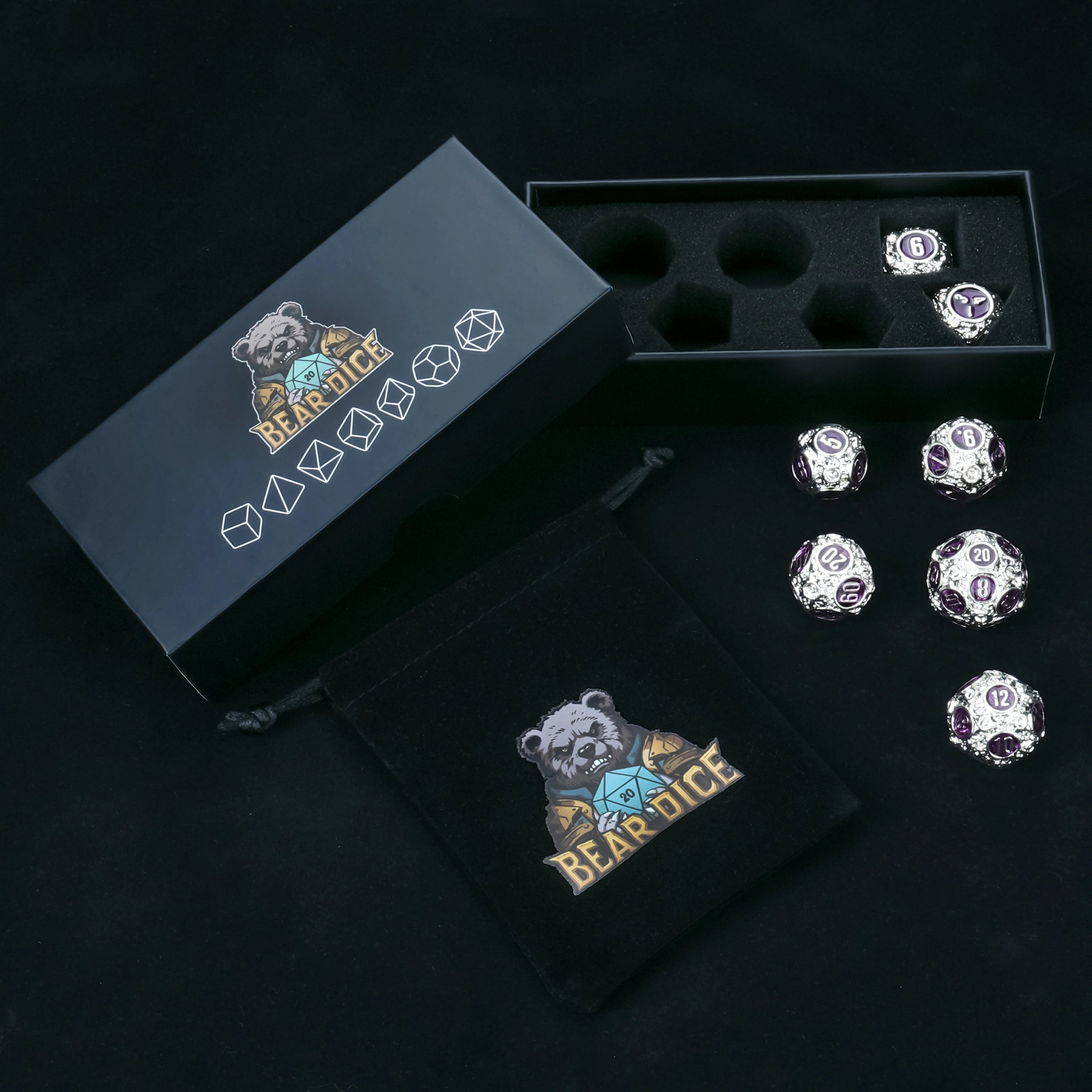 Spherical Planet Metal Dice Set – 7-Piece Silver & Purple RPG Dice