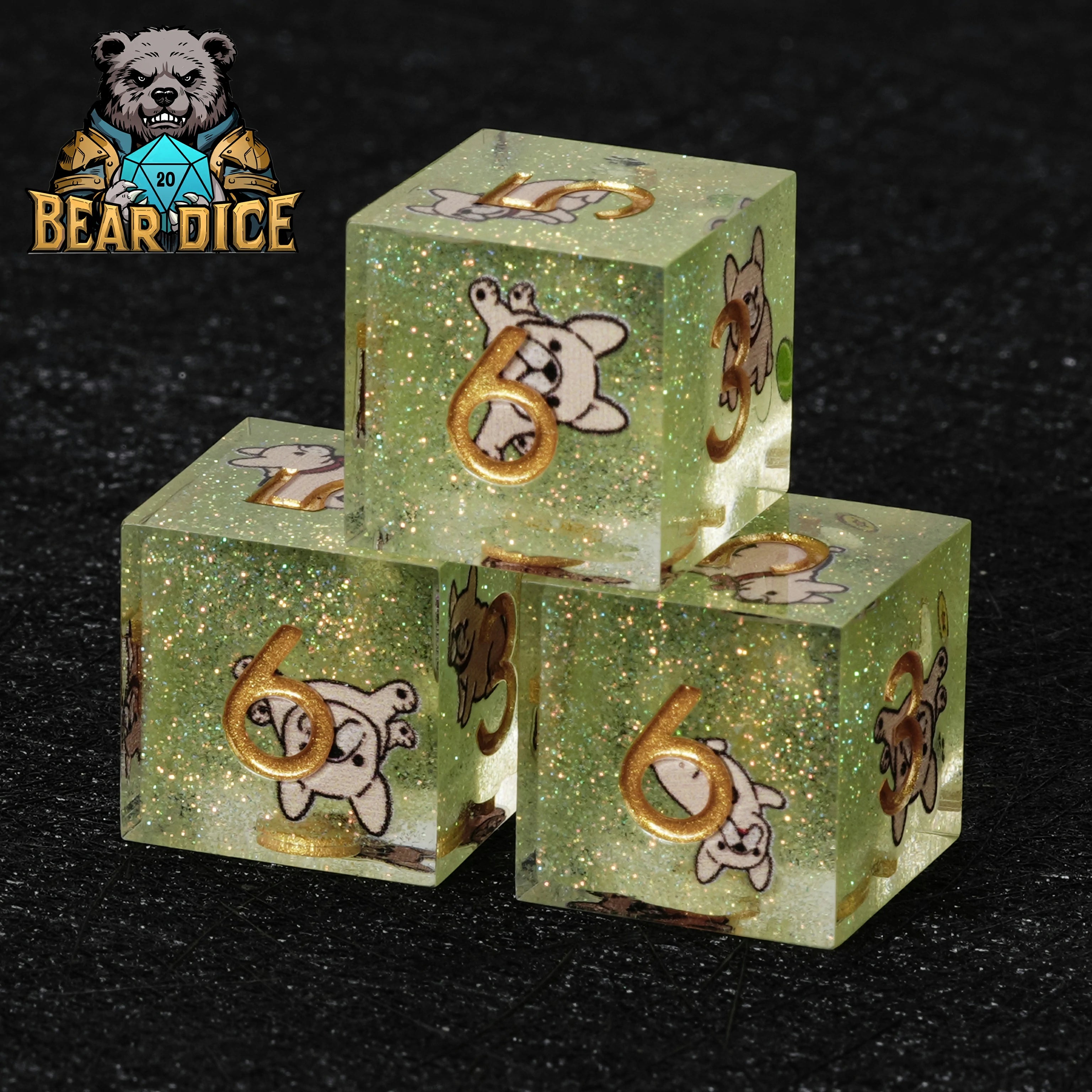 Bulldog Green Glitter Resin D&D D6 Dice | 6-Sided RPG Dice Set
