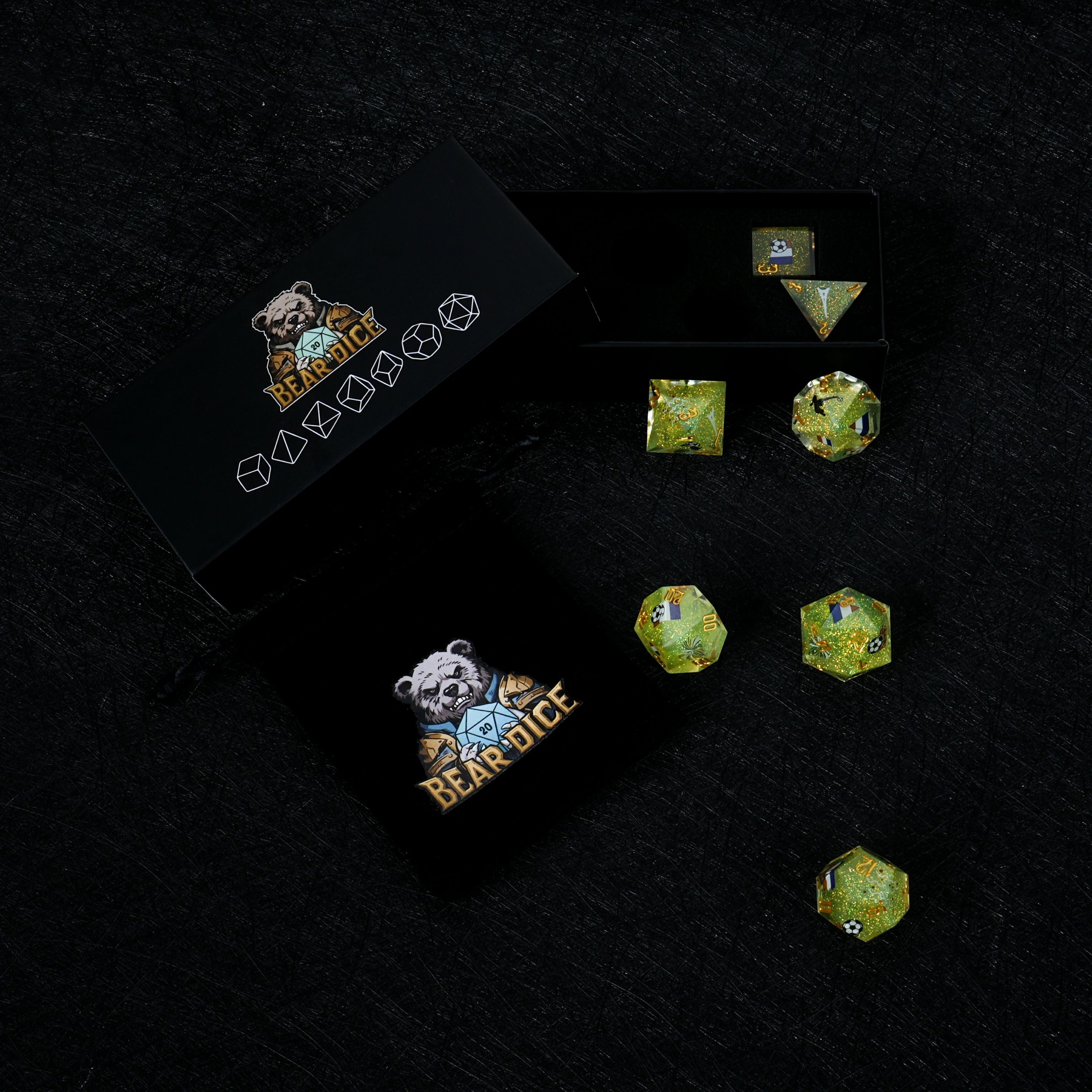 France Soccer DND Dice Set – World Cup Green Glitter Resin Dice for RPG